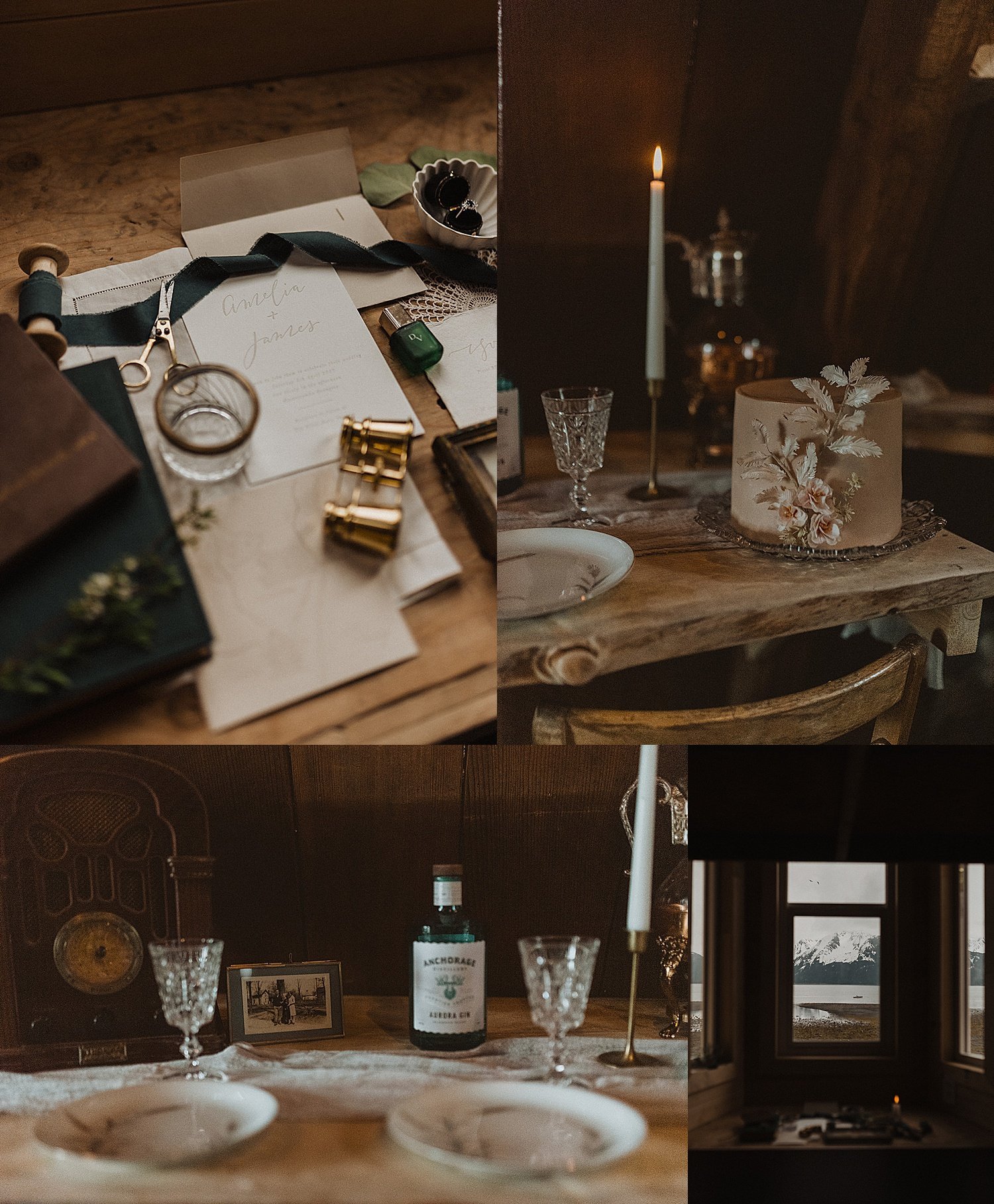  Detail shots of wedding stationary, place settings, candles, and table at styled shoot from Alaska wedding photographer 