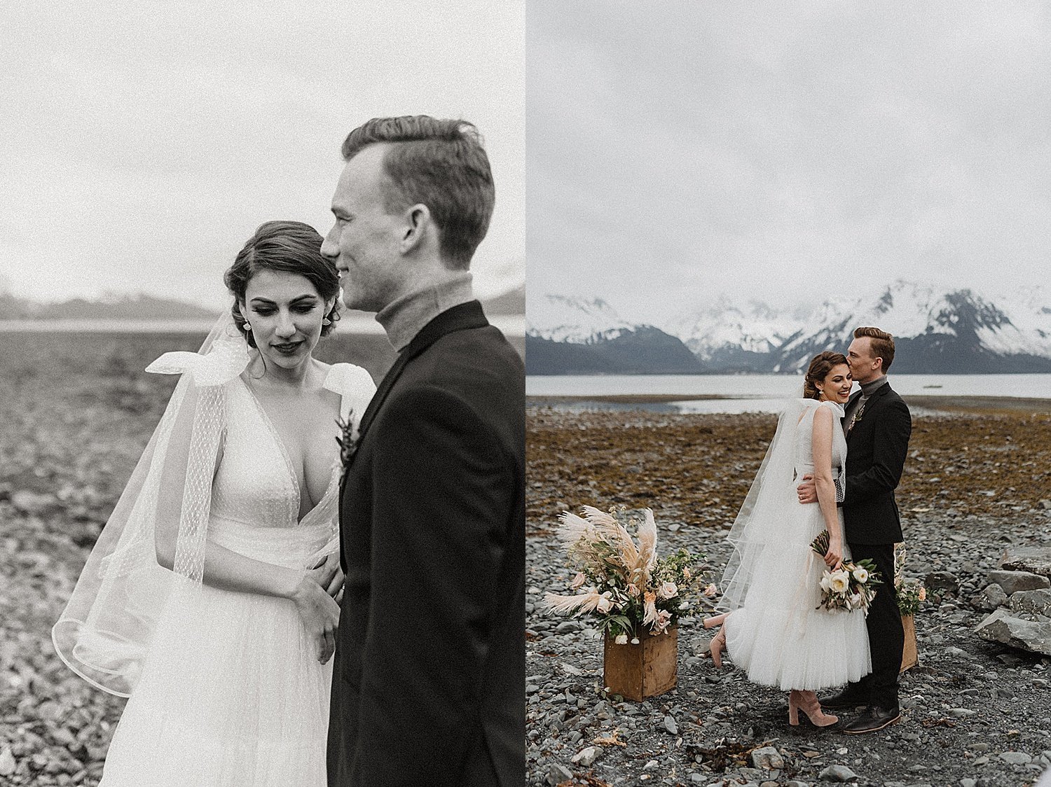  Bride and groom standing in front of mountains in vintage inspired shoot 