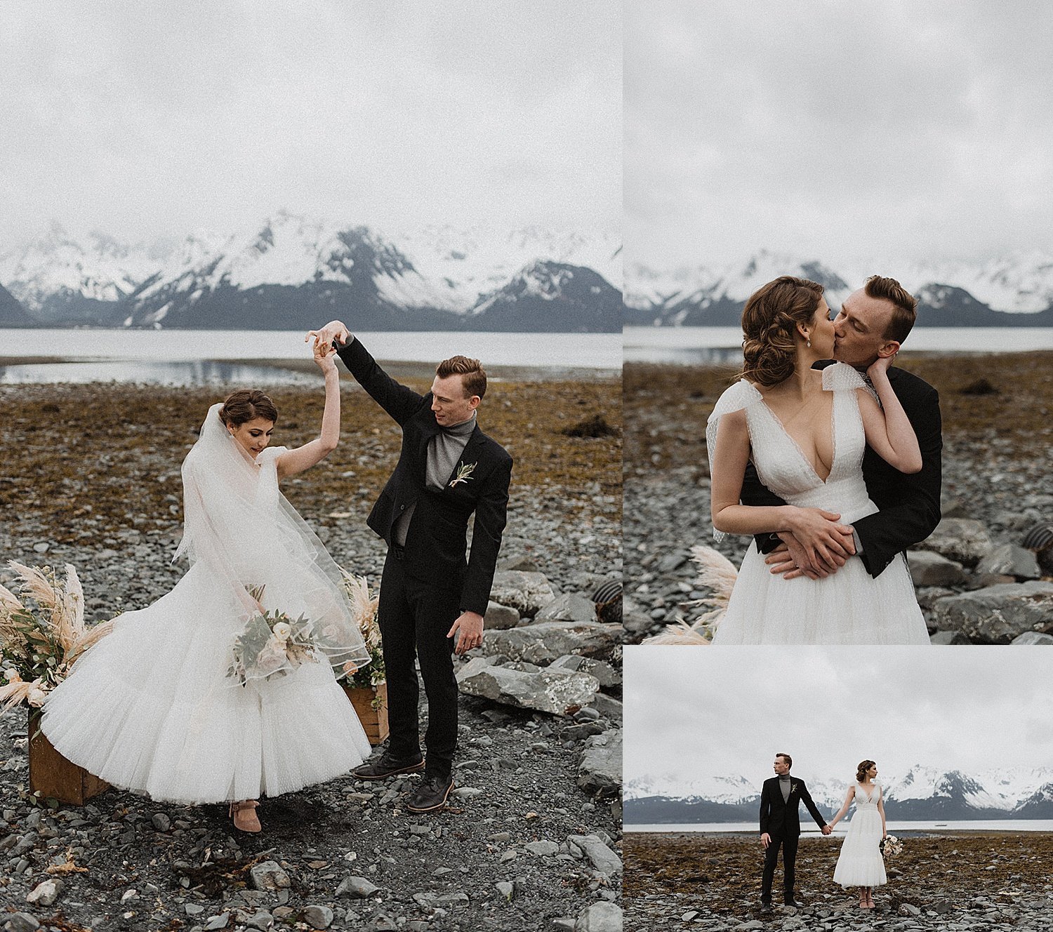  Bride twirls with groom in front of seward  mountain range by wedding photographer theresa mcdonald 