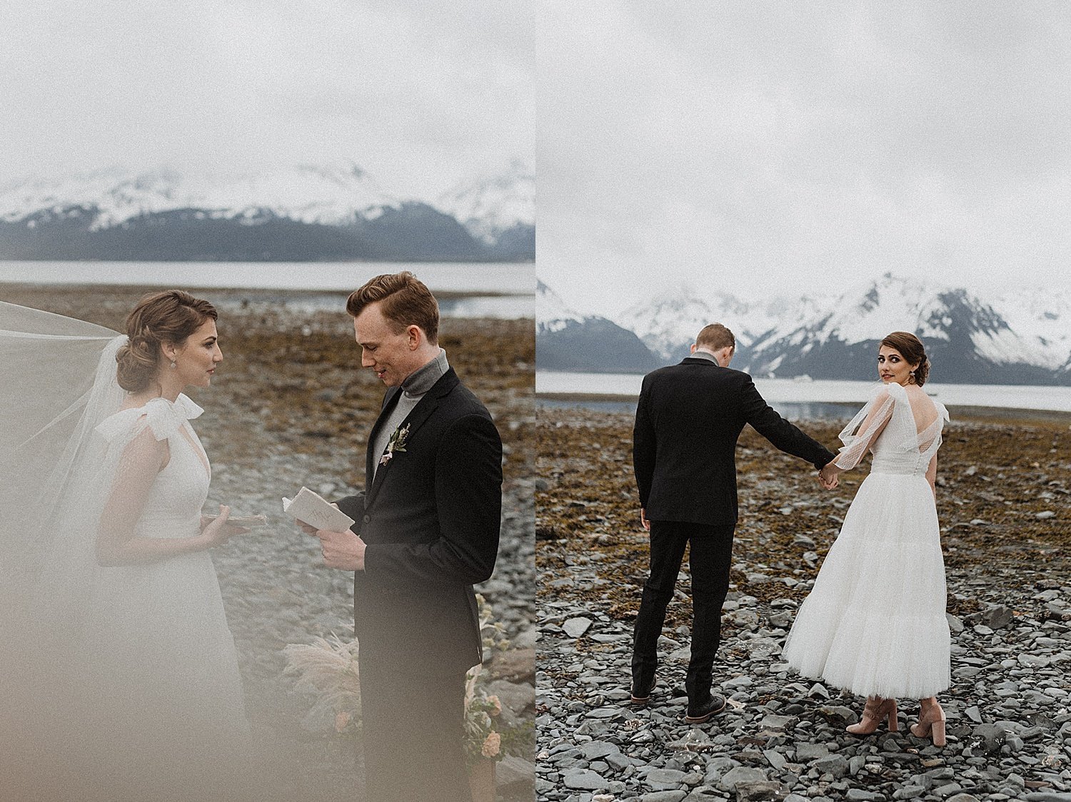  bride wearing veil holds hands with groom on a rocky beach with mountain background in seward, alaska wedding photo shoot 