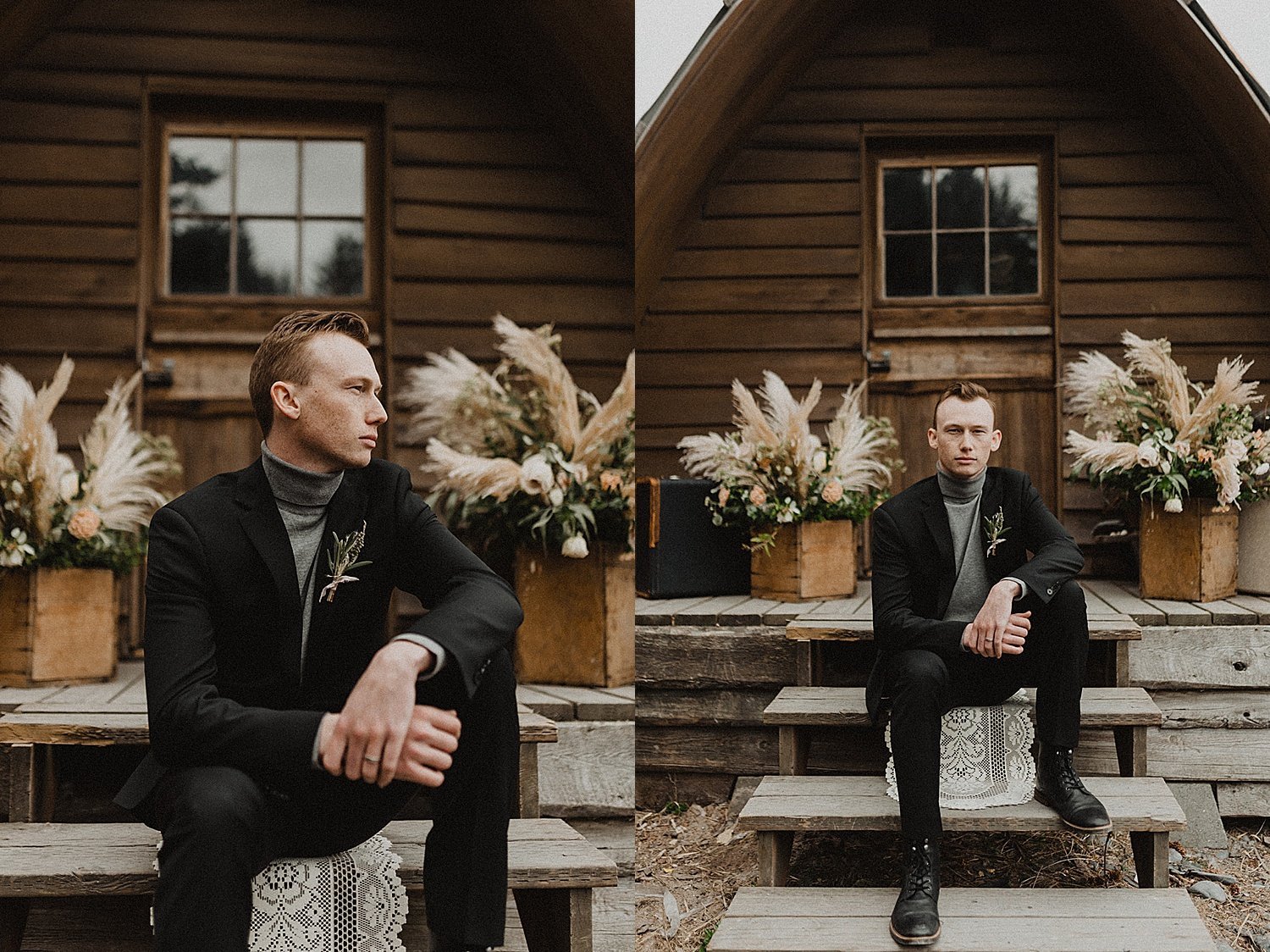  Groom posing on steps of rustic wedding venue with dried flower arrangement and boutonniere  