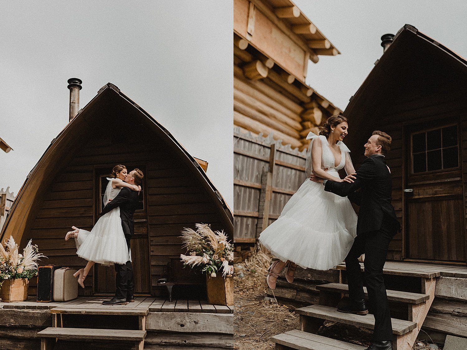  Bride and groom dancing on the porch of rustic wedding venue for styled shoot with alaska wedding photographer theresa mcdonald 