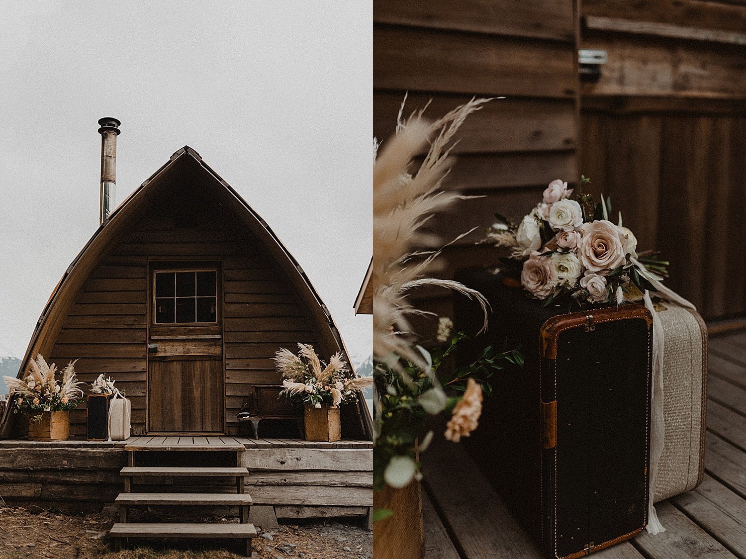  Rustic barn venue with porch and detail of wedding flowers, bouquet, and honeymoon suitcases in vintage inspired shoot 