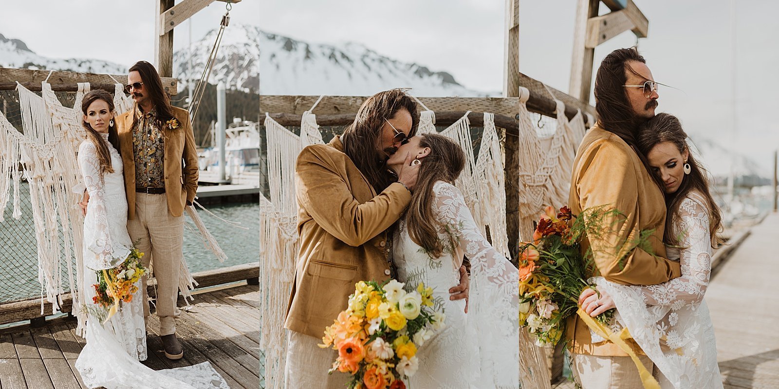  Couple kissing on a dock in 70s attire by Alaska wedding photographer Theresa McDonald  