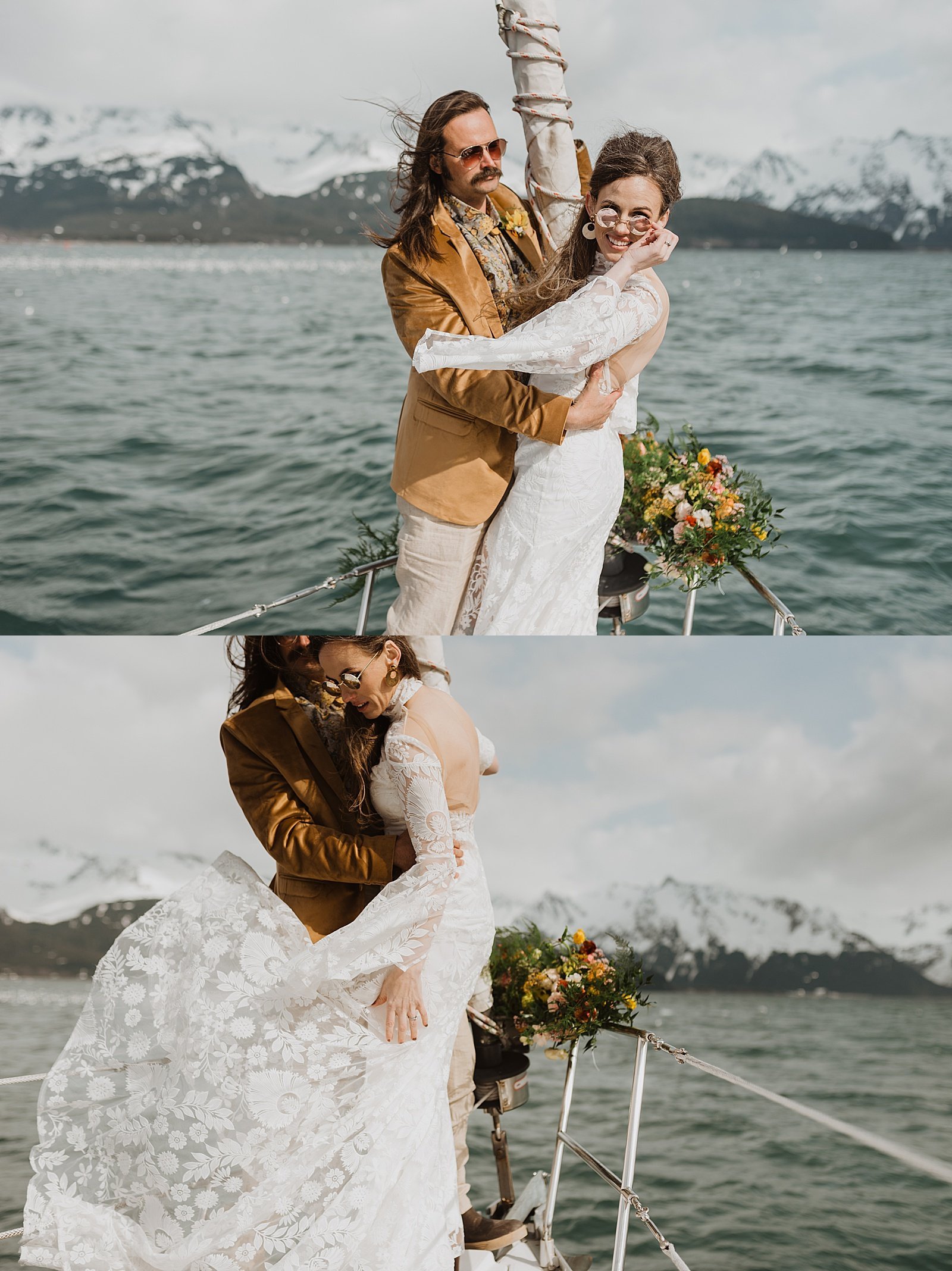  Couple embracing on a boat at their Retro Seward Styled Shoot 