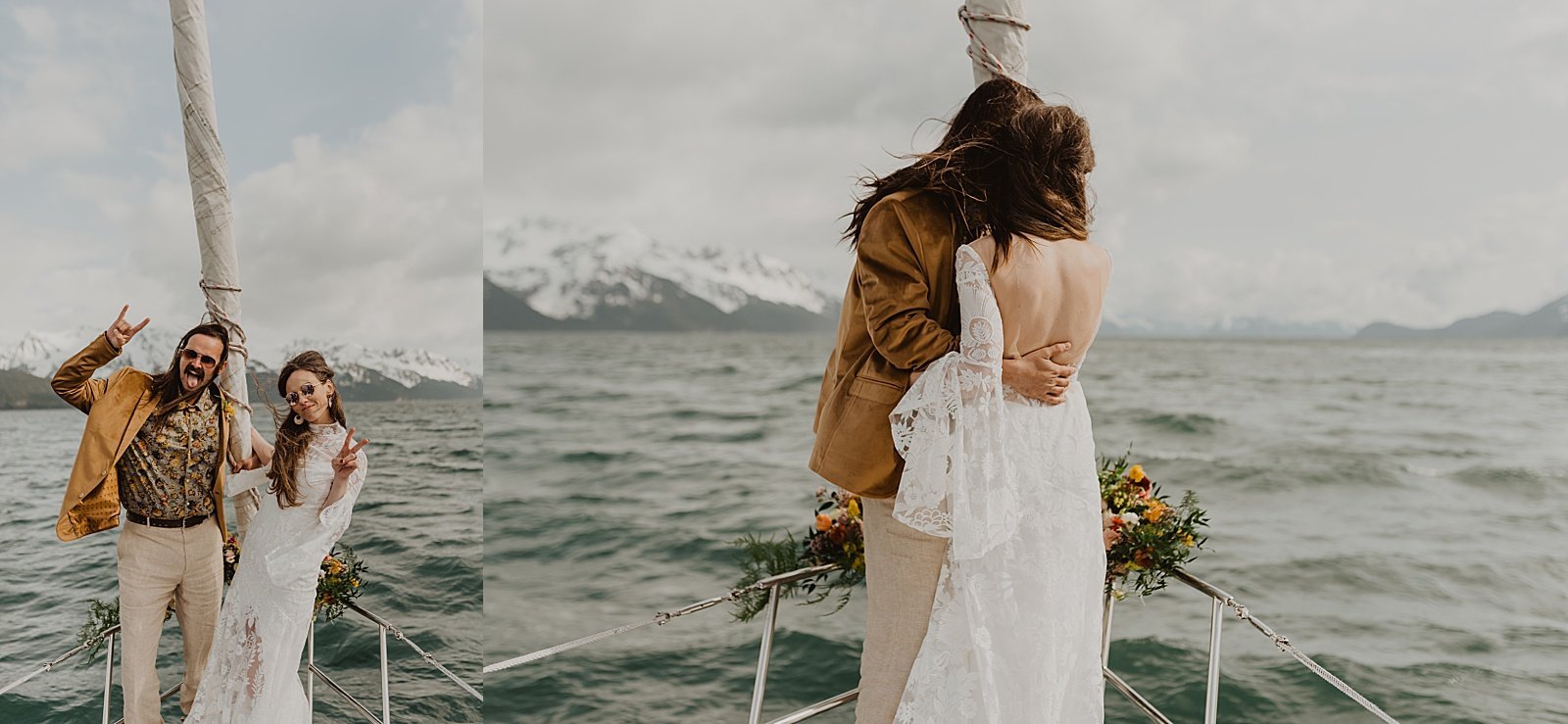  Newlyweds looking out over the water on a boat in Alaska  