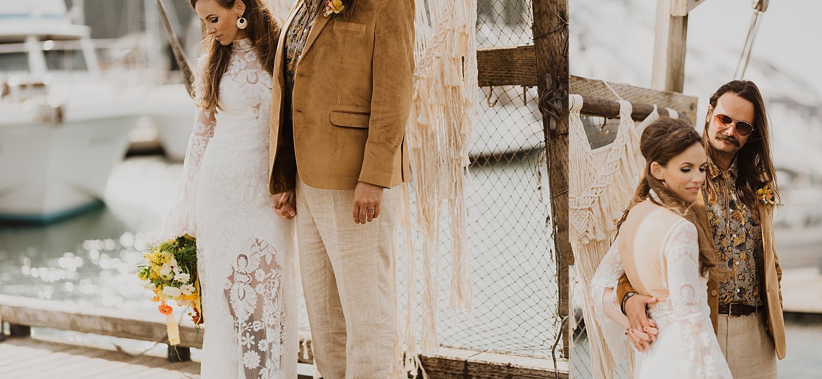  70’s styled bride and groom on a dock in Seward Alaska  