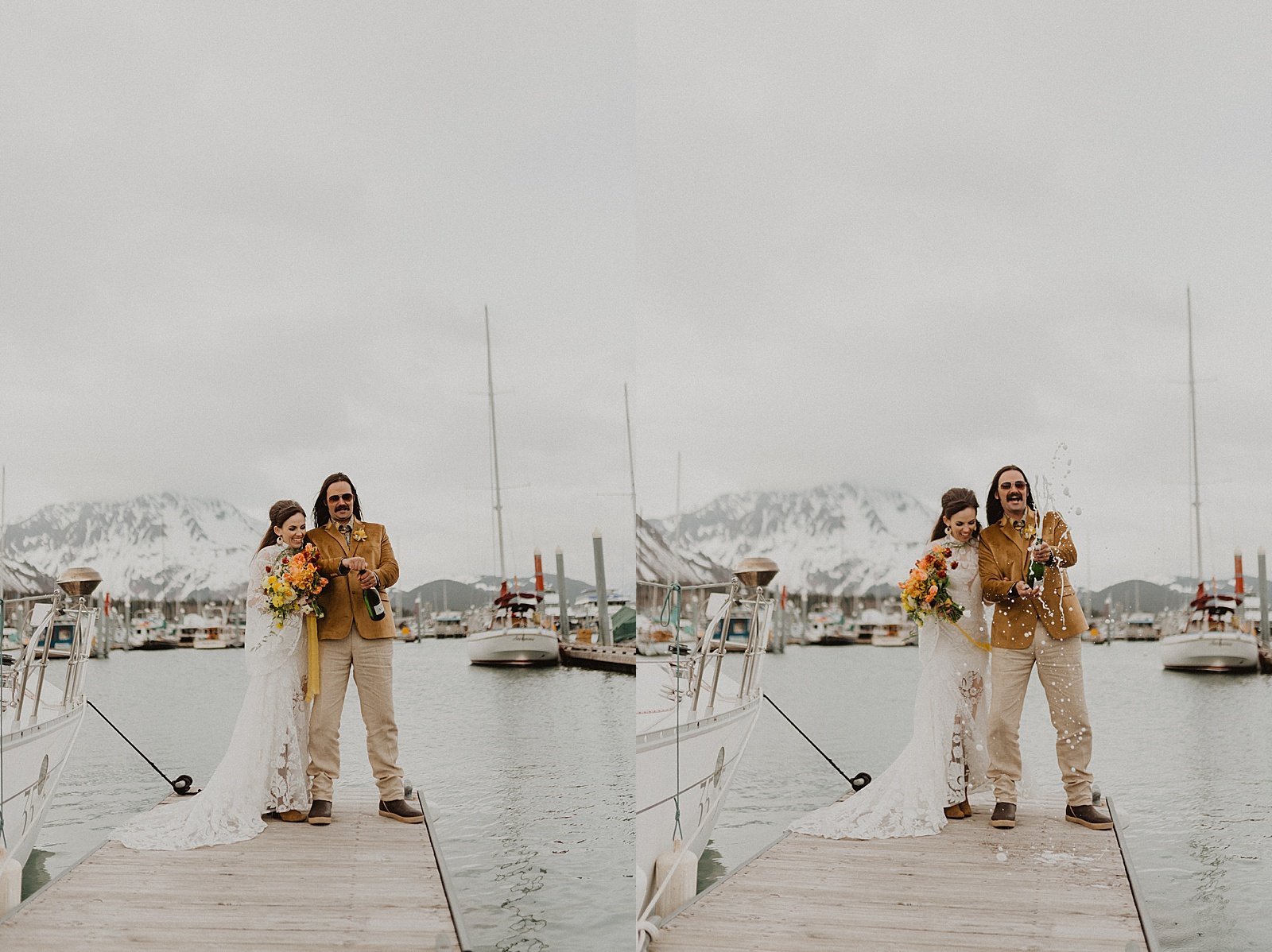  Bride and groom popping champagne on a dock by Alaska wedding photographer, Theresa McDonald 