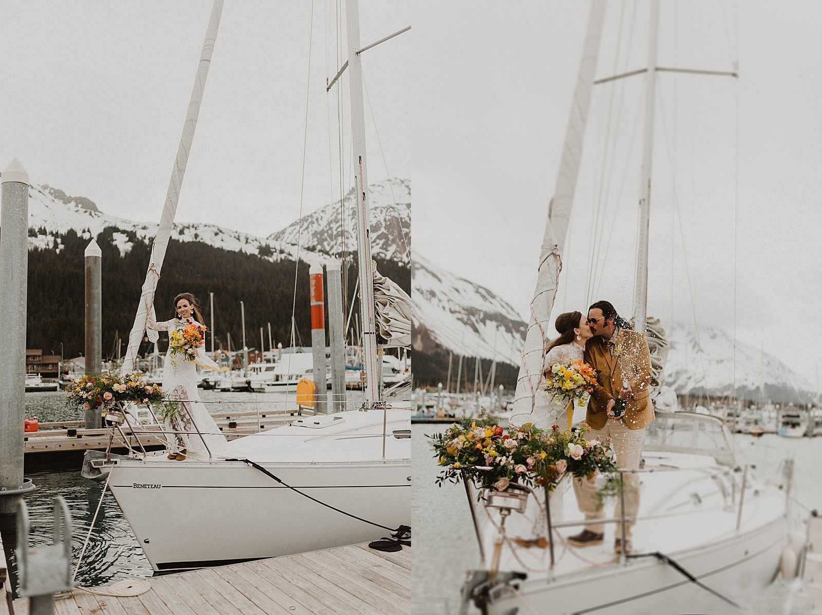  bride and groom in 70s attire on a dock by Alaska wedding photographer Theresa McDonald 