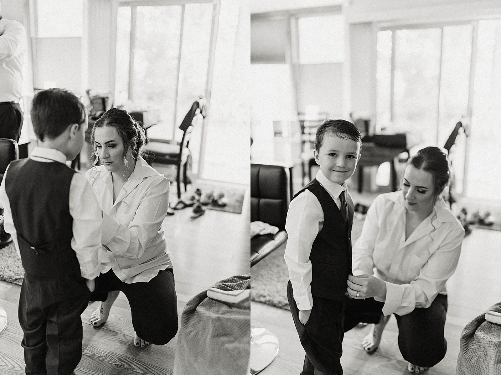  Bride adjusting her son’s suit for this Girdwood intimate family elopement 