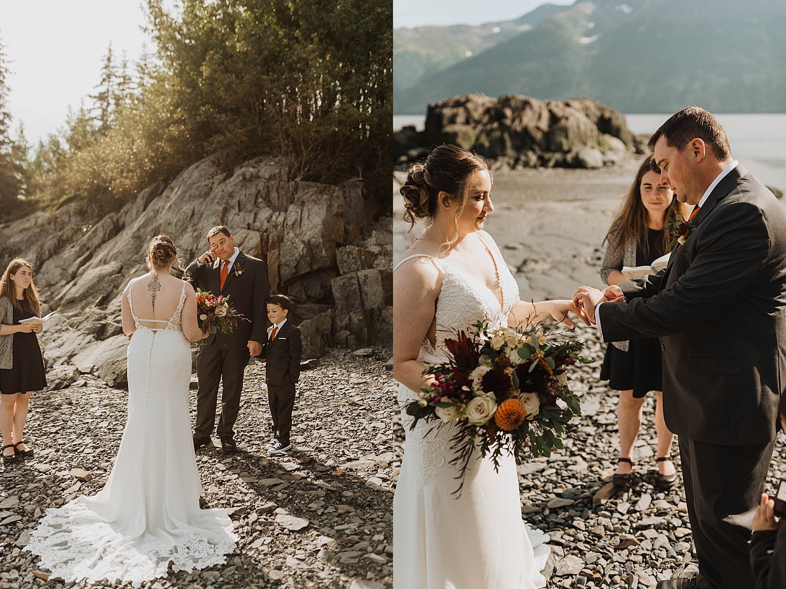  Bride and groom reading vows to each other during intimate beachside wedding in Alaska 