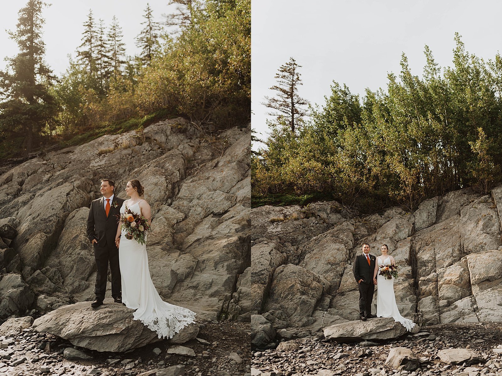  Newlyweds standing on a rock for their Girdwood intimate family elopement 