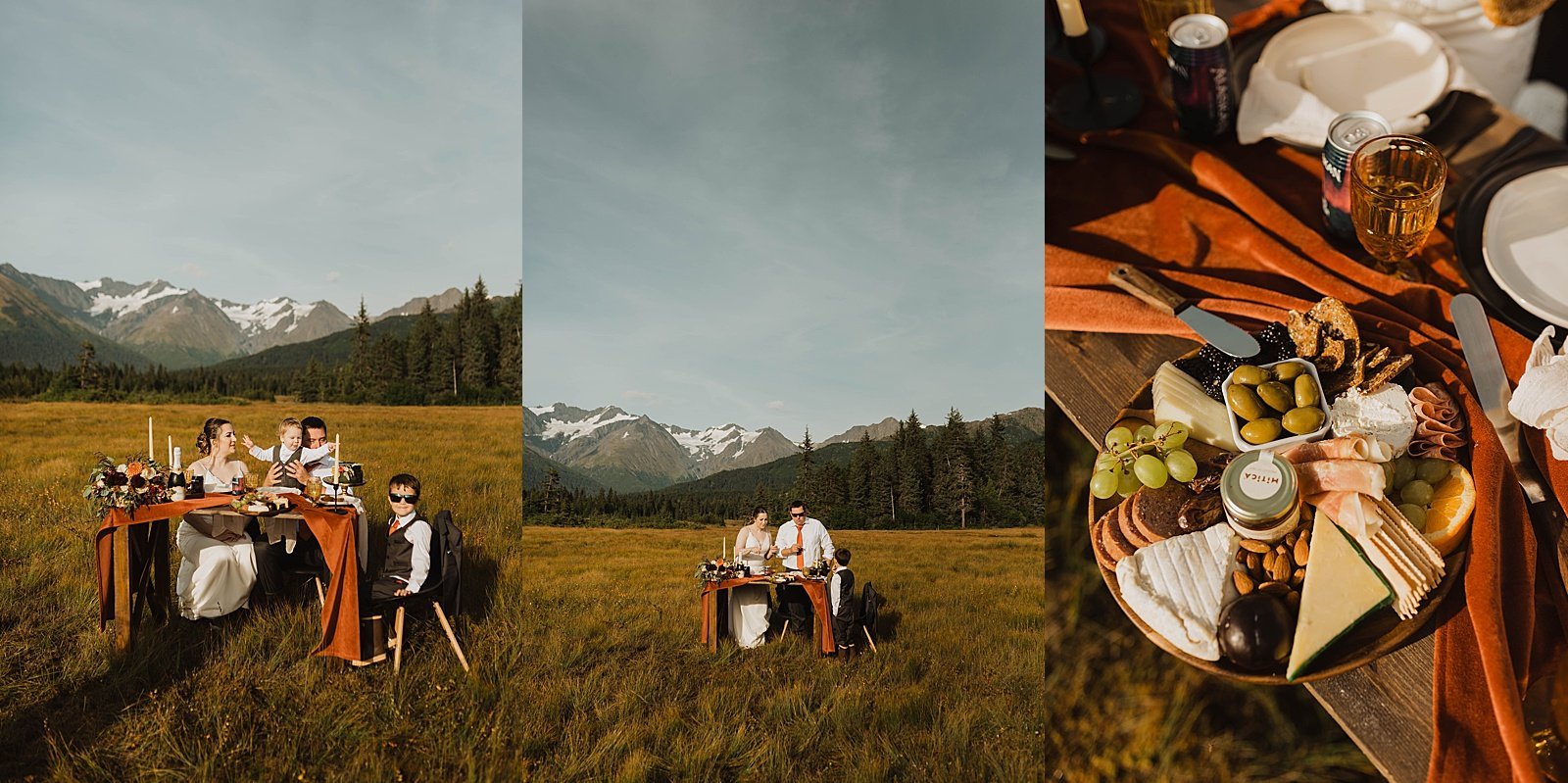  bride and groom enjoying a private dinner in a field surrounded by mountains 