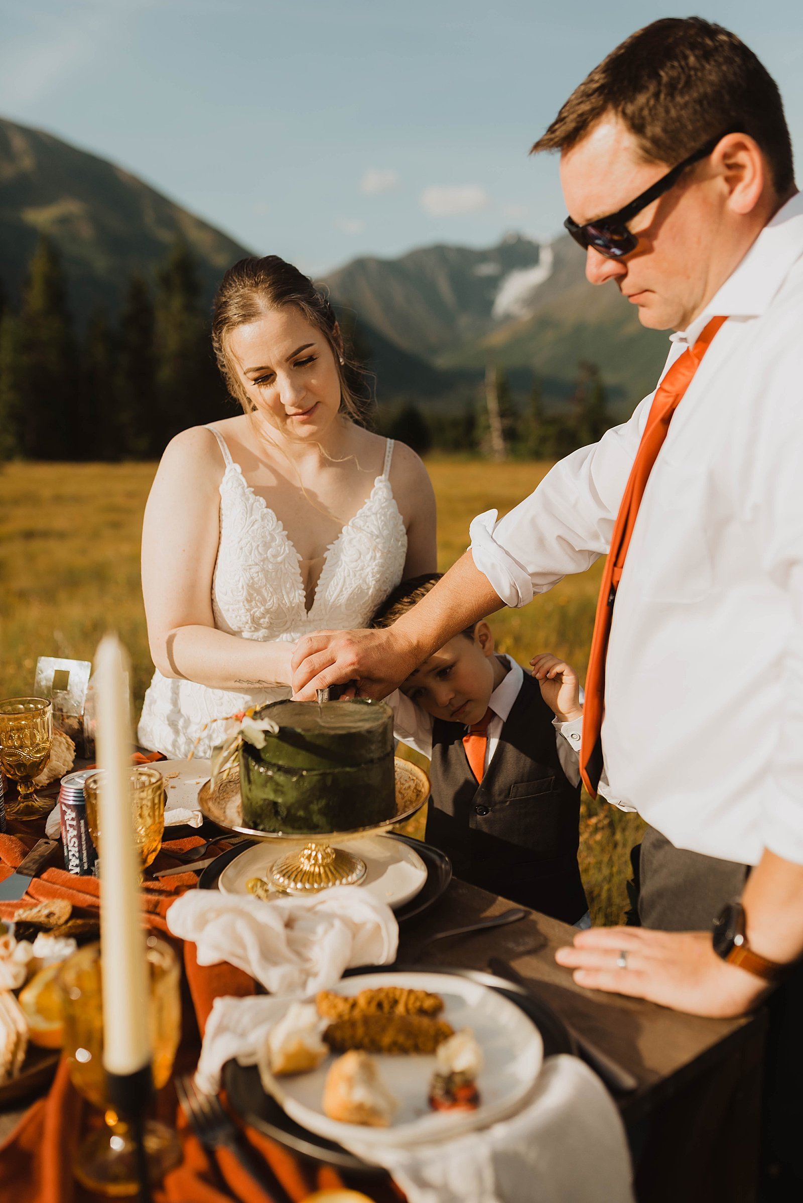  Bride and groom cut the cake at private dinner in a field in Alaska  