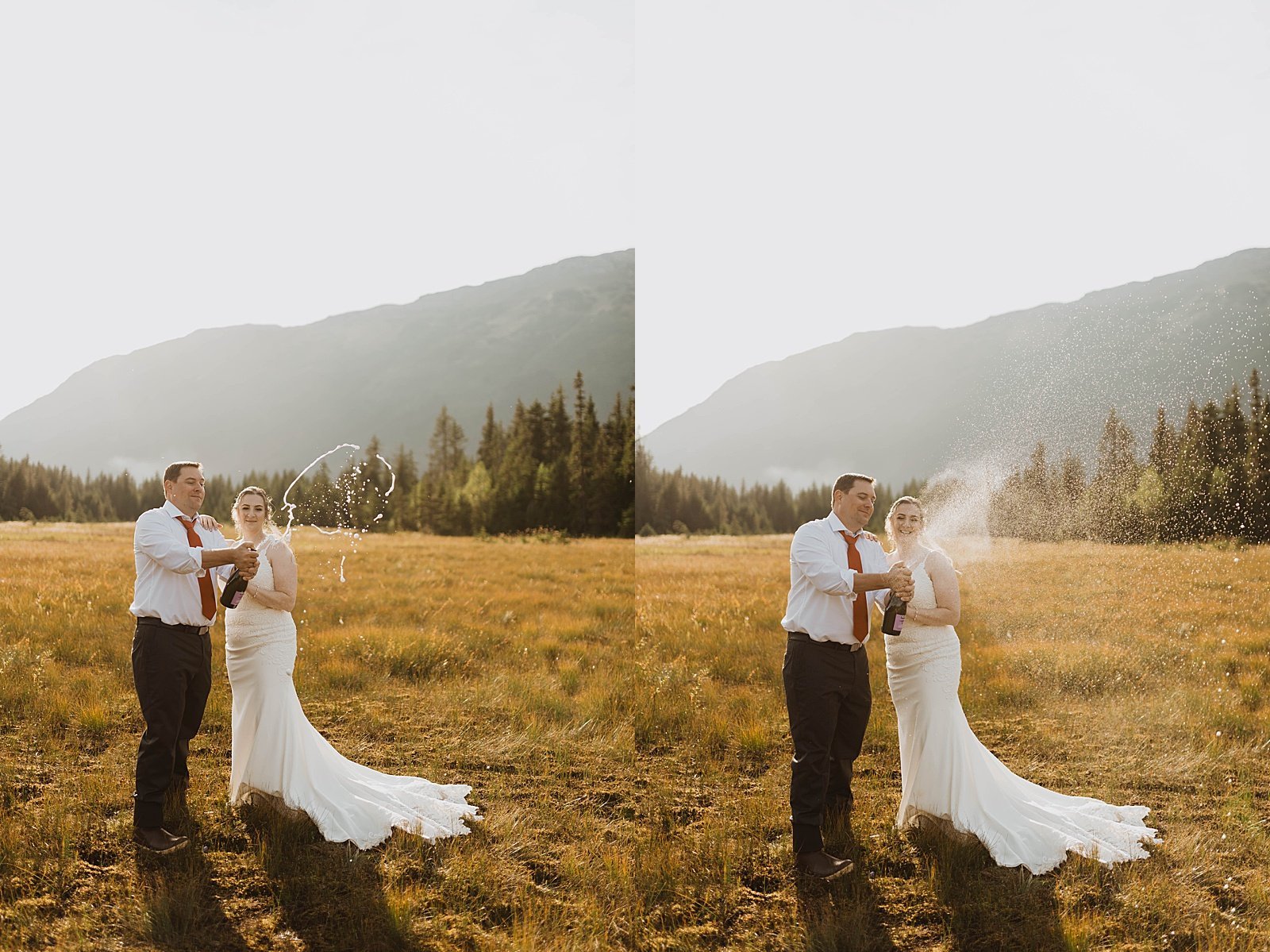  Bride and groom popping champagne in a field in Girdwood, Alaska  