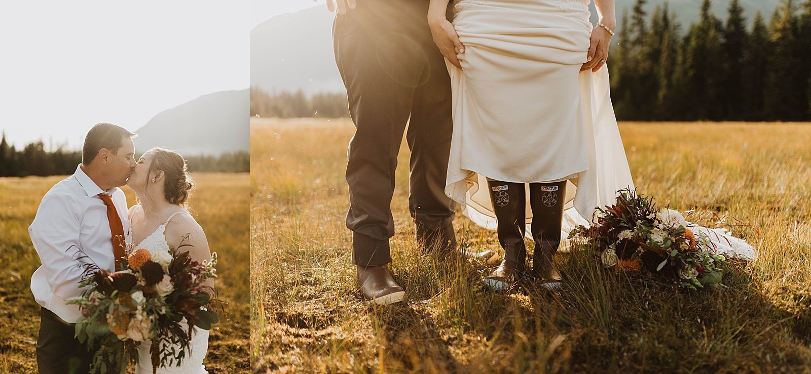  bride and groom show off their shoes at Girdwood intimate family elopement 