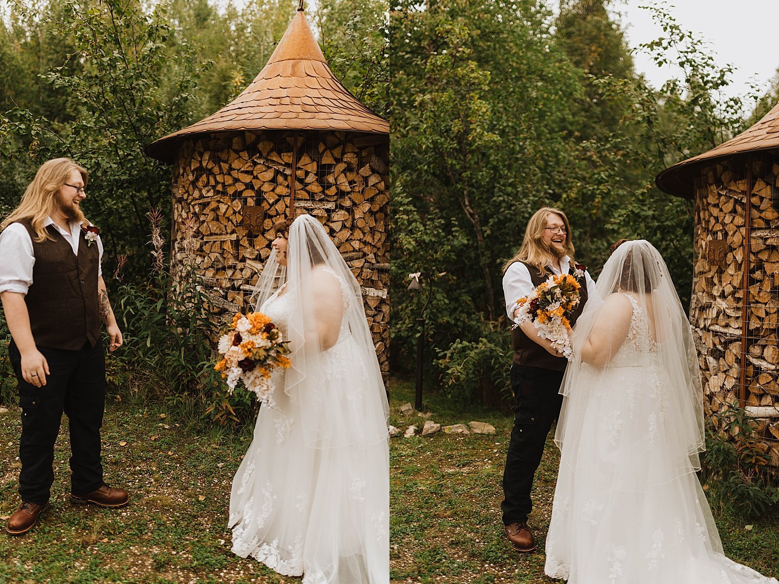  Bride and groom share a first look in a garden for their tiny wedding 