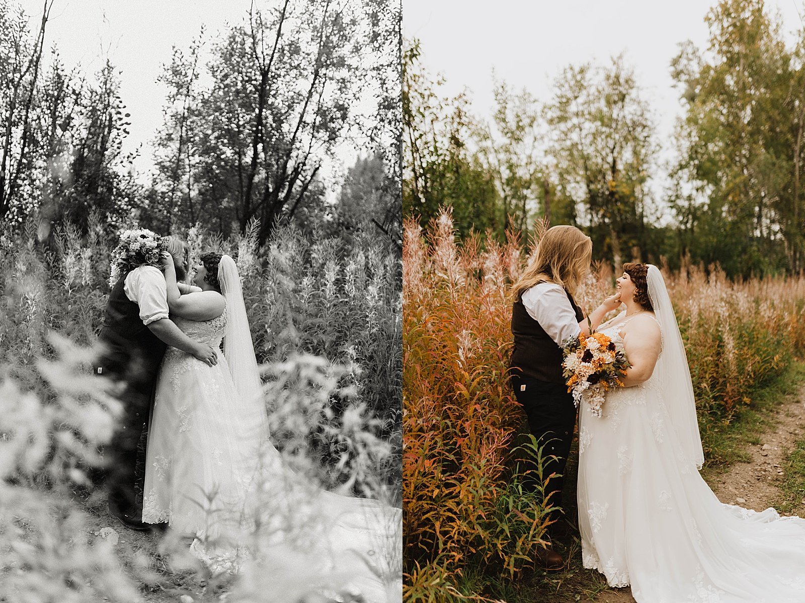  Newlyweds embracing in a field after their micro wedding in Alaska 