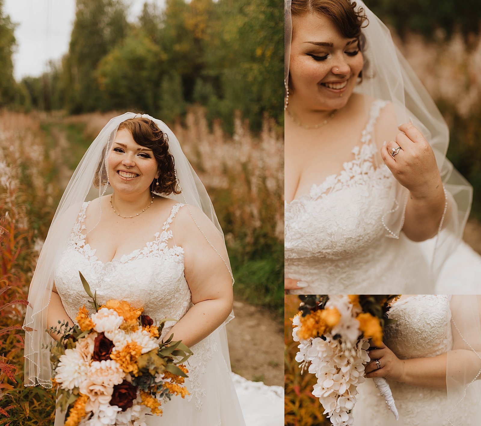  Bride with Fall inspired florals standing in a field after her wedding ceremony 