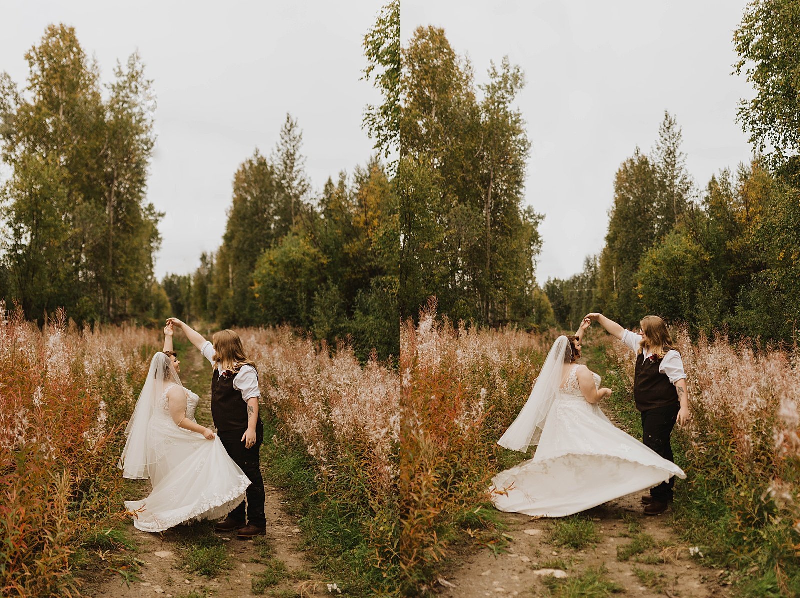  Groom spinning his bride in a field at Birch Leaf Chapel in Ester, Alaska 