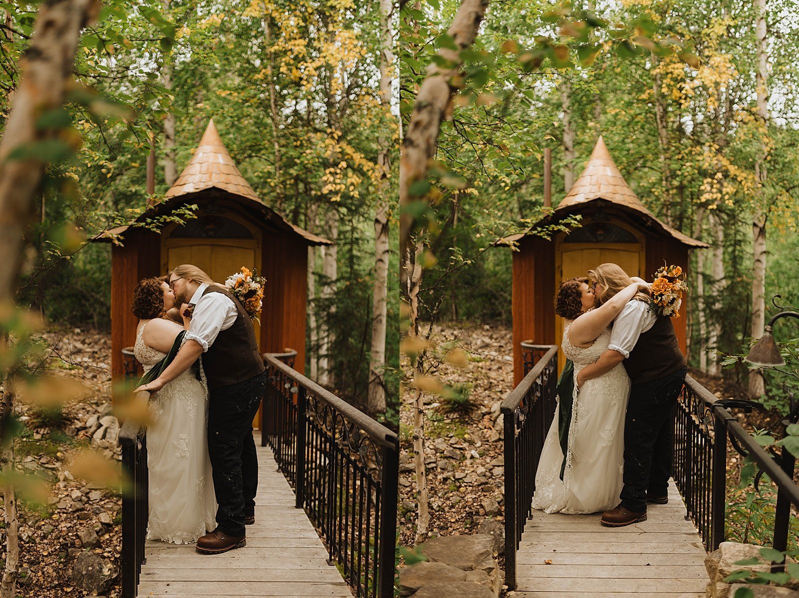  Bride and groom hugging on a wooden bridge at their tiny wedding 