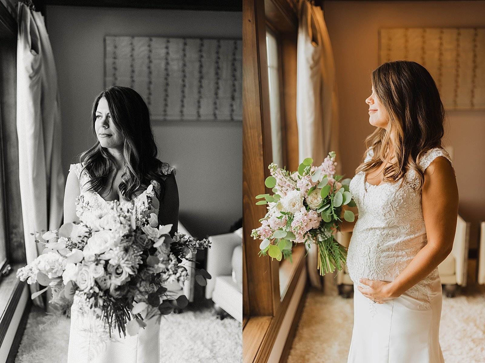  Bride with flowers standing by a window, by Alaska Wedding Photographer Theresa McDonald 