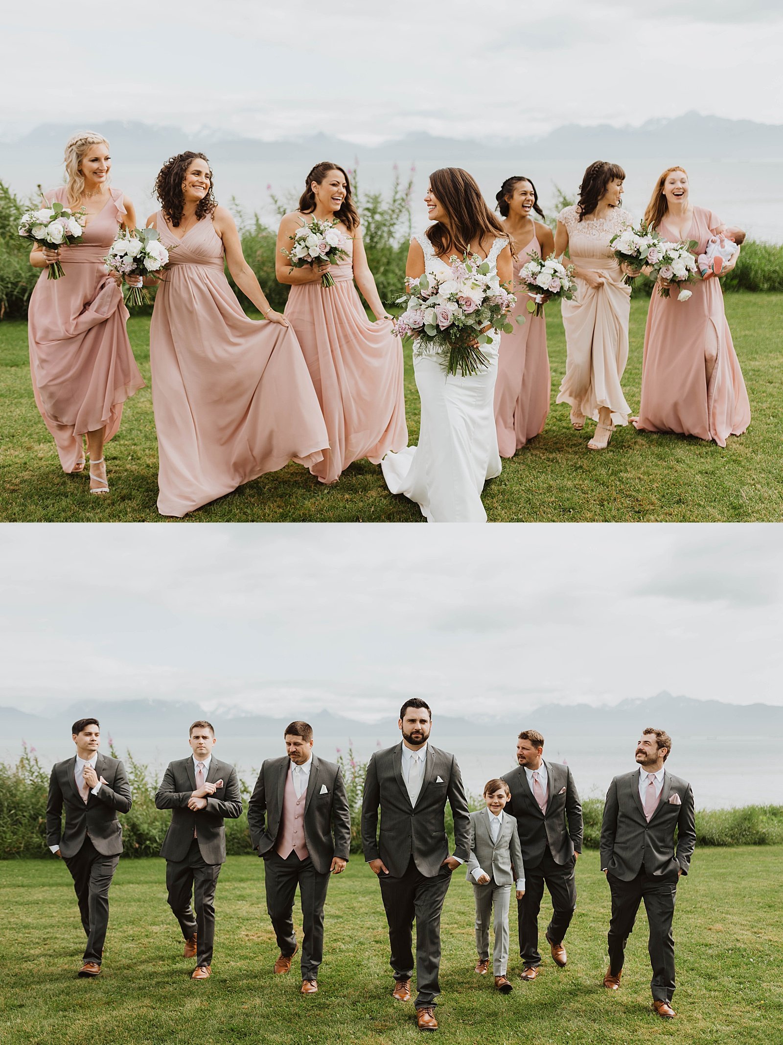  Wedding party walking across a lawn in pink &amp; black colors 