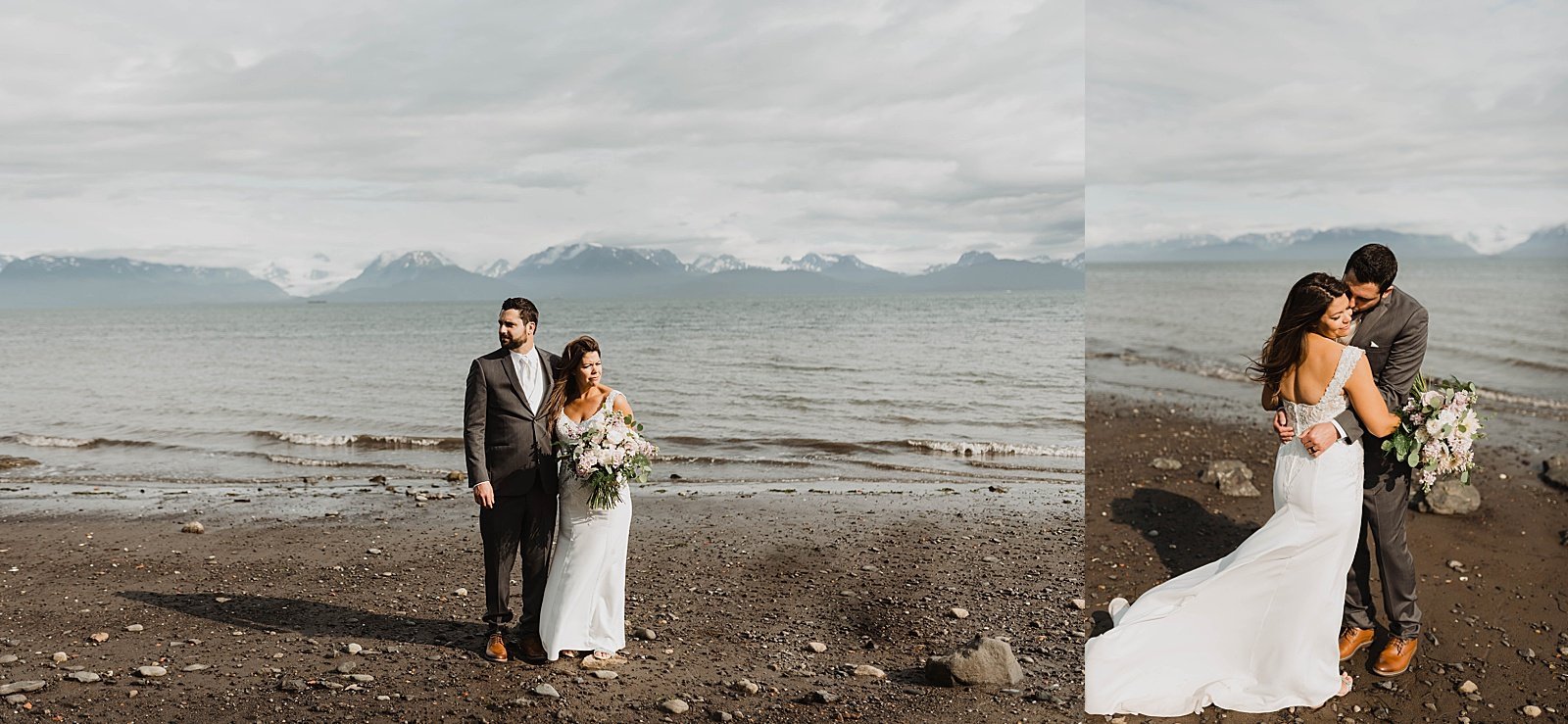  Newlyweds on the beachfront in Alaska with mountains in the background 