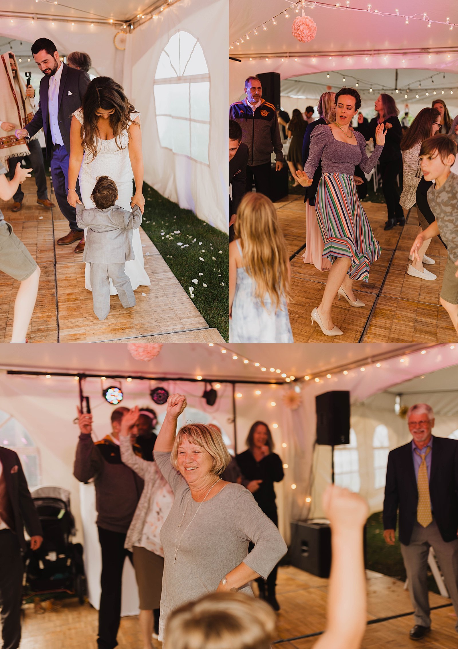  Guests dancing at an Alaska Summer reception in a tent 
