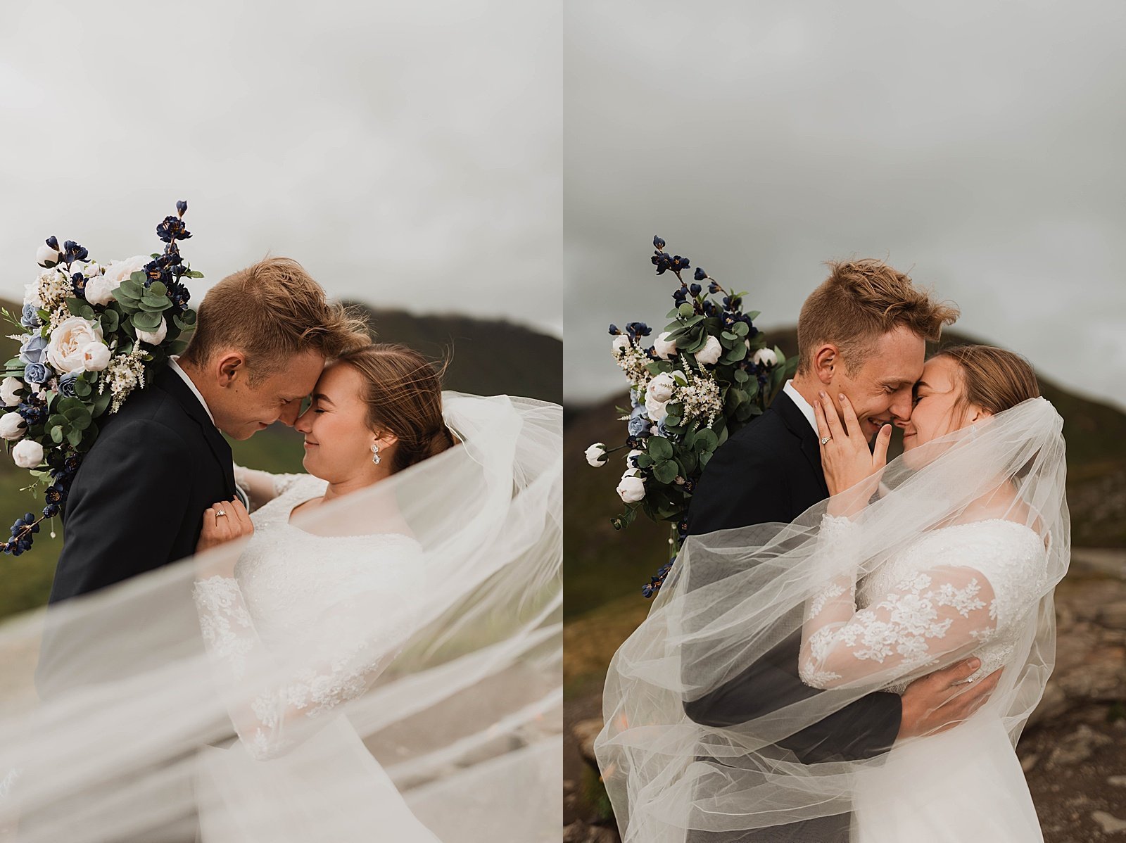  Bride and groom with the veil wrapped around them for a shoot at Hatcher Pass 