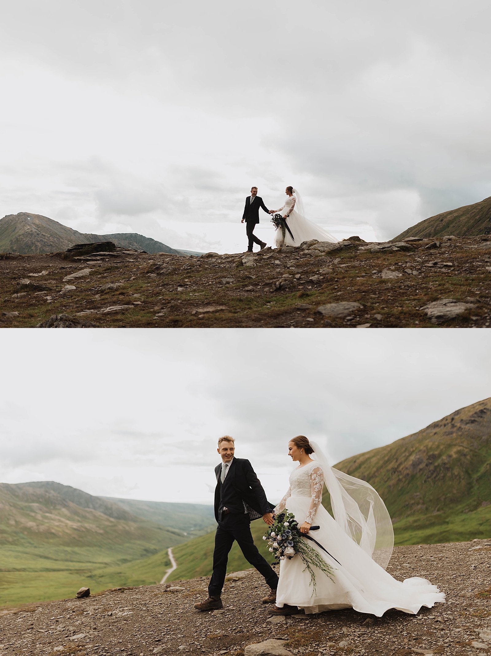  Bride and groom walking along top of mountain in Anchorage for bridal session 