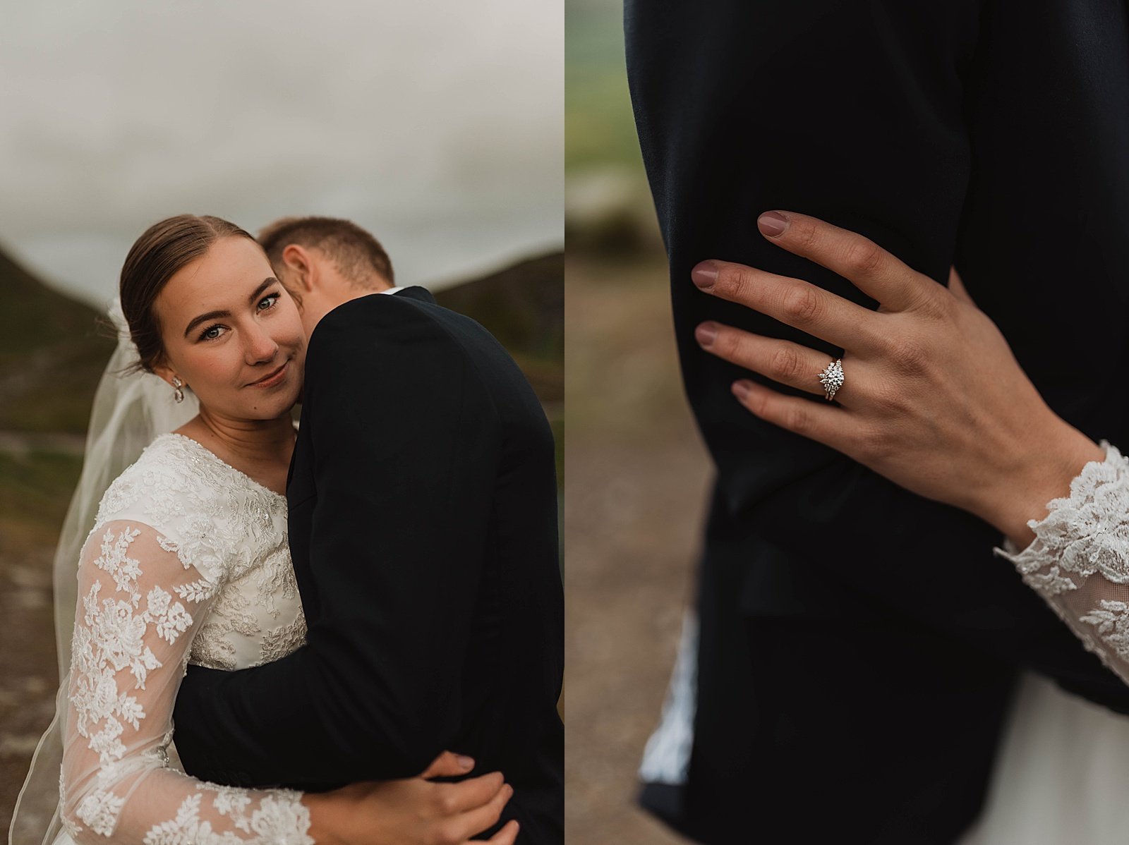  A bride’s ring as she holds onto her new husbands arm for couple photo shoot 
