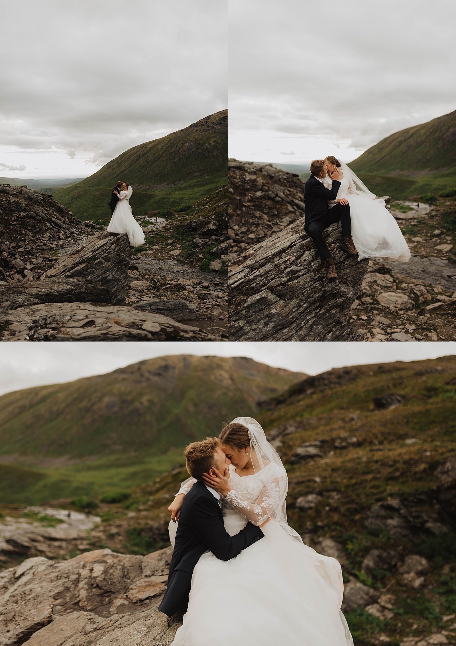  Bride and groom kissing at Hatcher Pass for a bridal photo shoot  