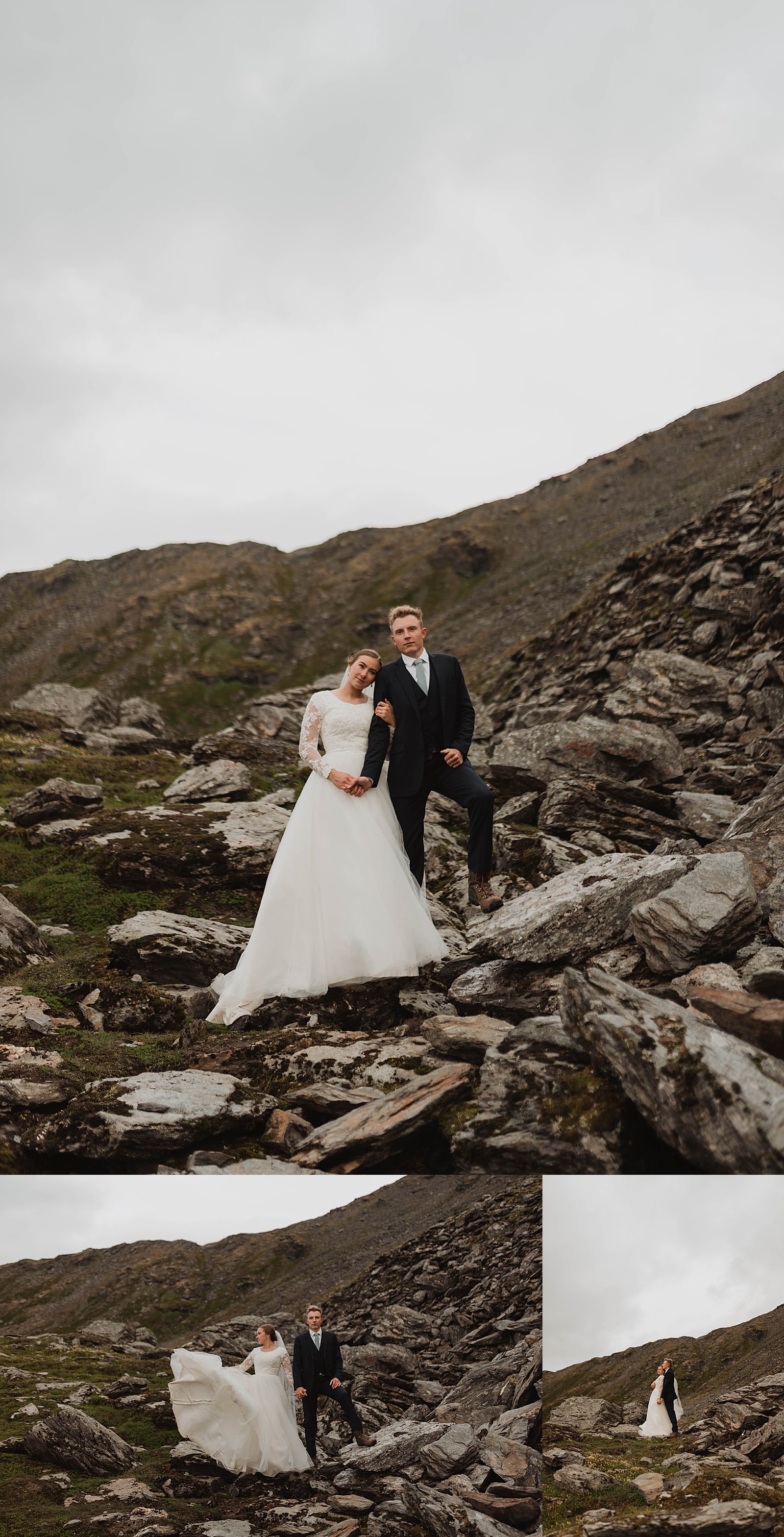  Bride and groom standing on rocks on a hill near Anchorage, Alaska for a photo session 