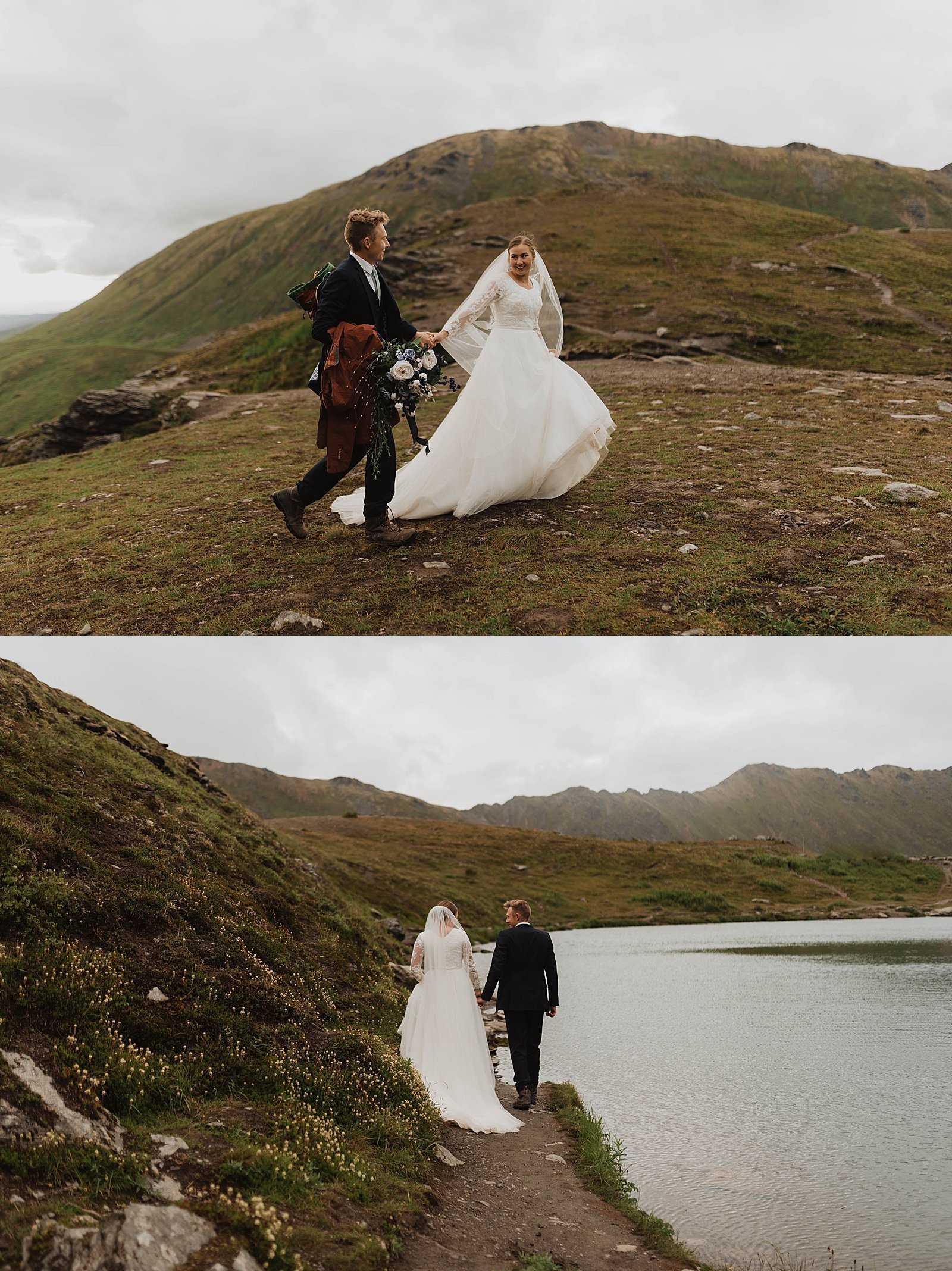  Newlyweds running across a field on an Alaskan mountain by Anchorage wedding photographer Theresa McDonald 