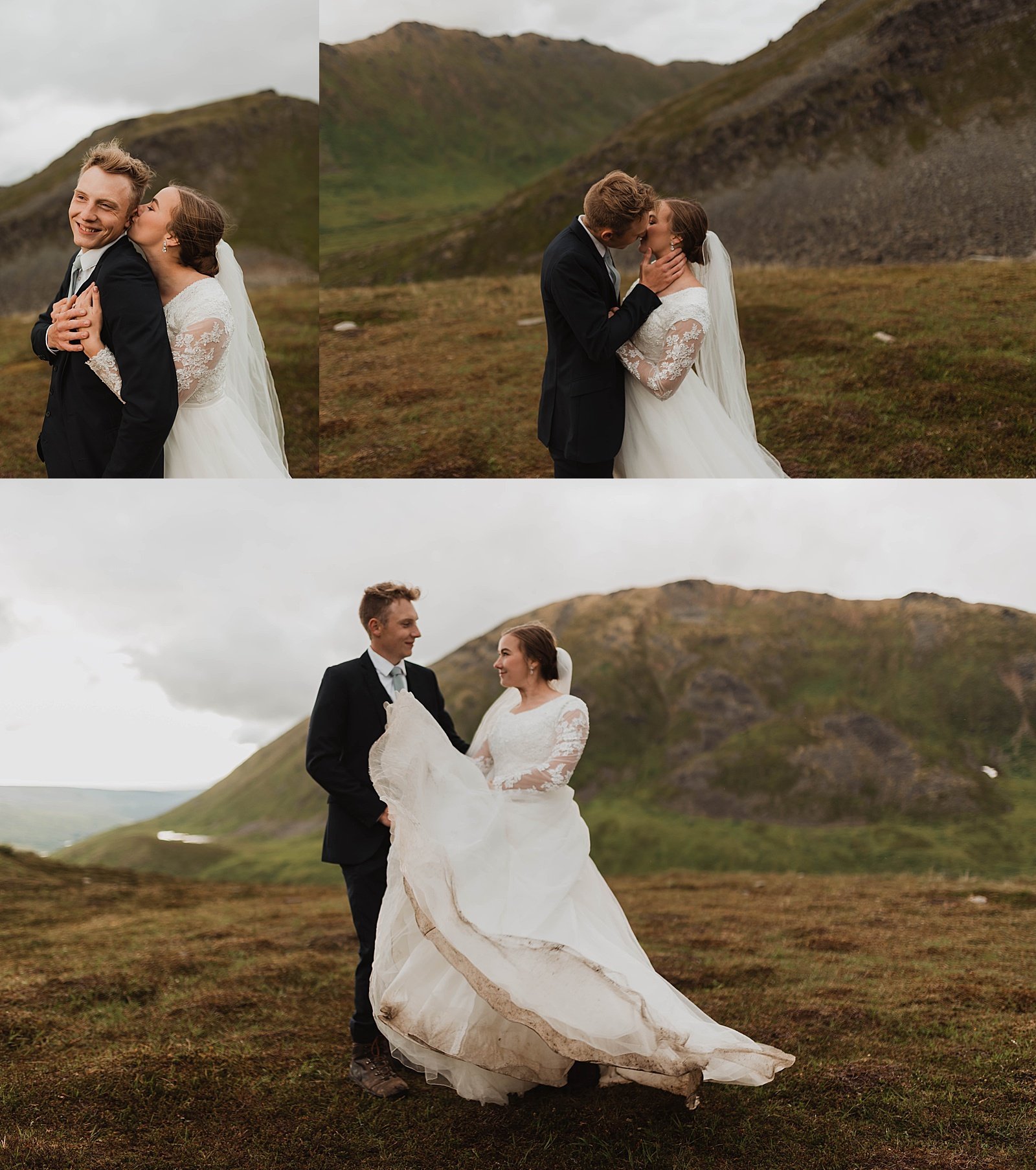  Bride kissing groom on a mountaintop for an adventure session in Anchorage 