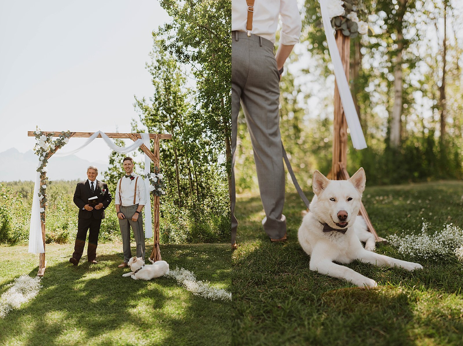  Groom waiting by the alter with his dog for Summer outdoor ceremony.  