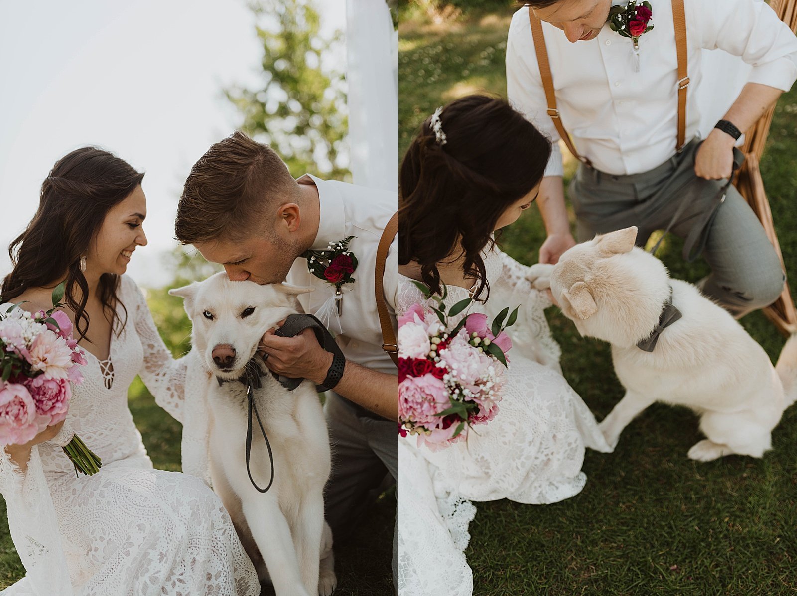  Bride and groom kissing puppy after their wedding ceremony outside.  