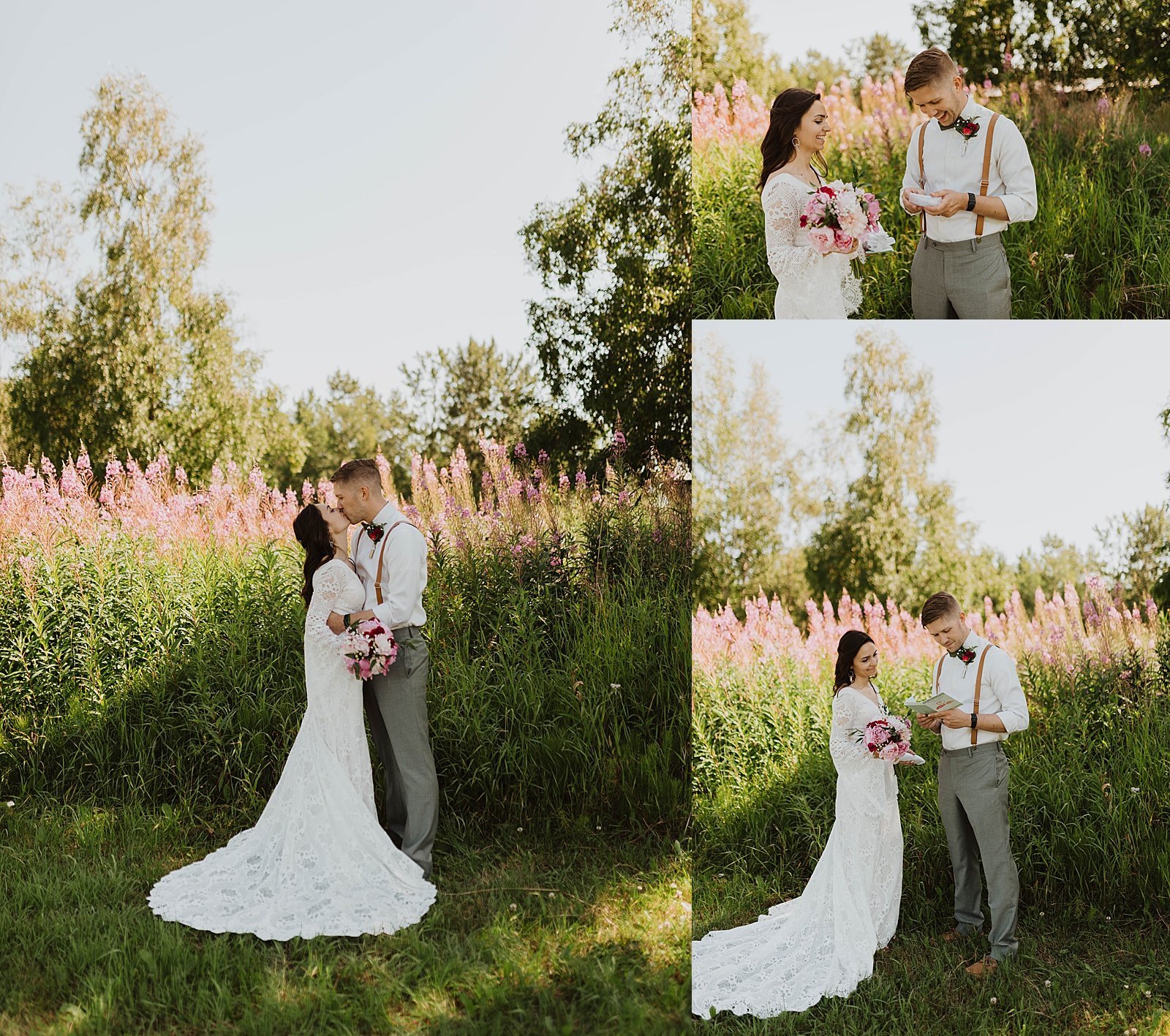  Bride and groom kissing in front of lavender fields for their Alaska Summer wedding.  
