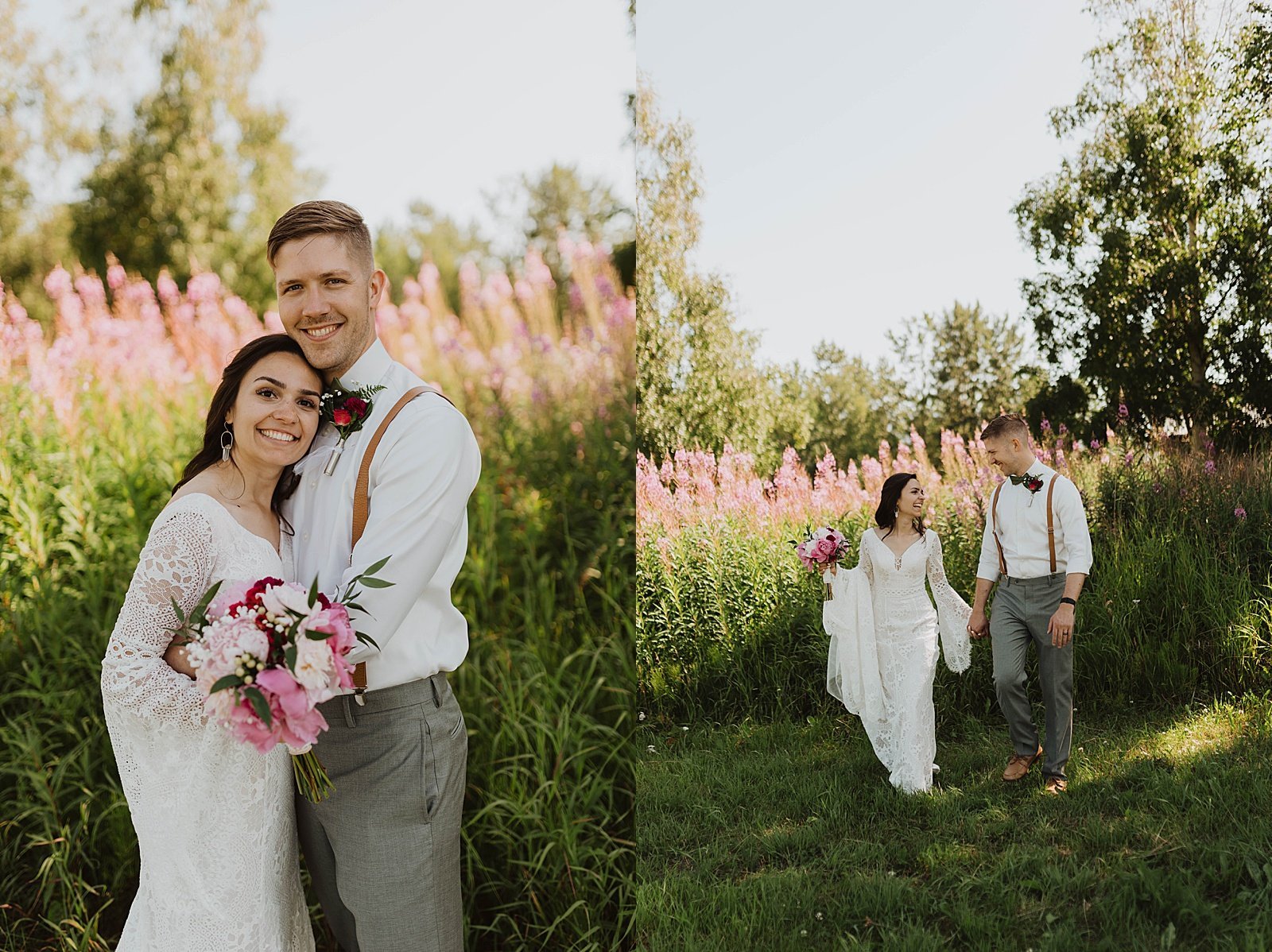  Alaska Bride and Groom kissing in a field after their ceremony. 