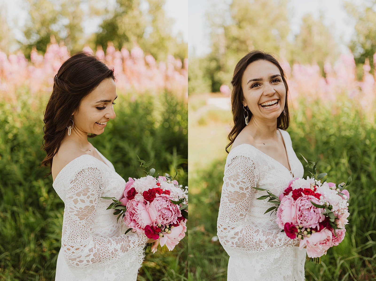 Bride laughing and holding her flowers after her Alaska wedding.  