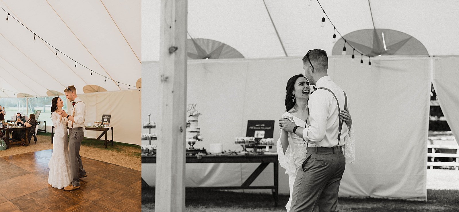  Newlyweds sharing a first dance at their reception by Alaska wedding photographer, Theresa McDonald.  