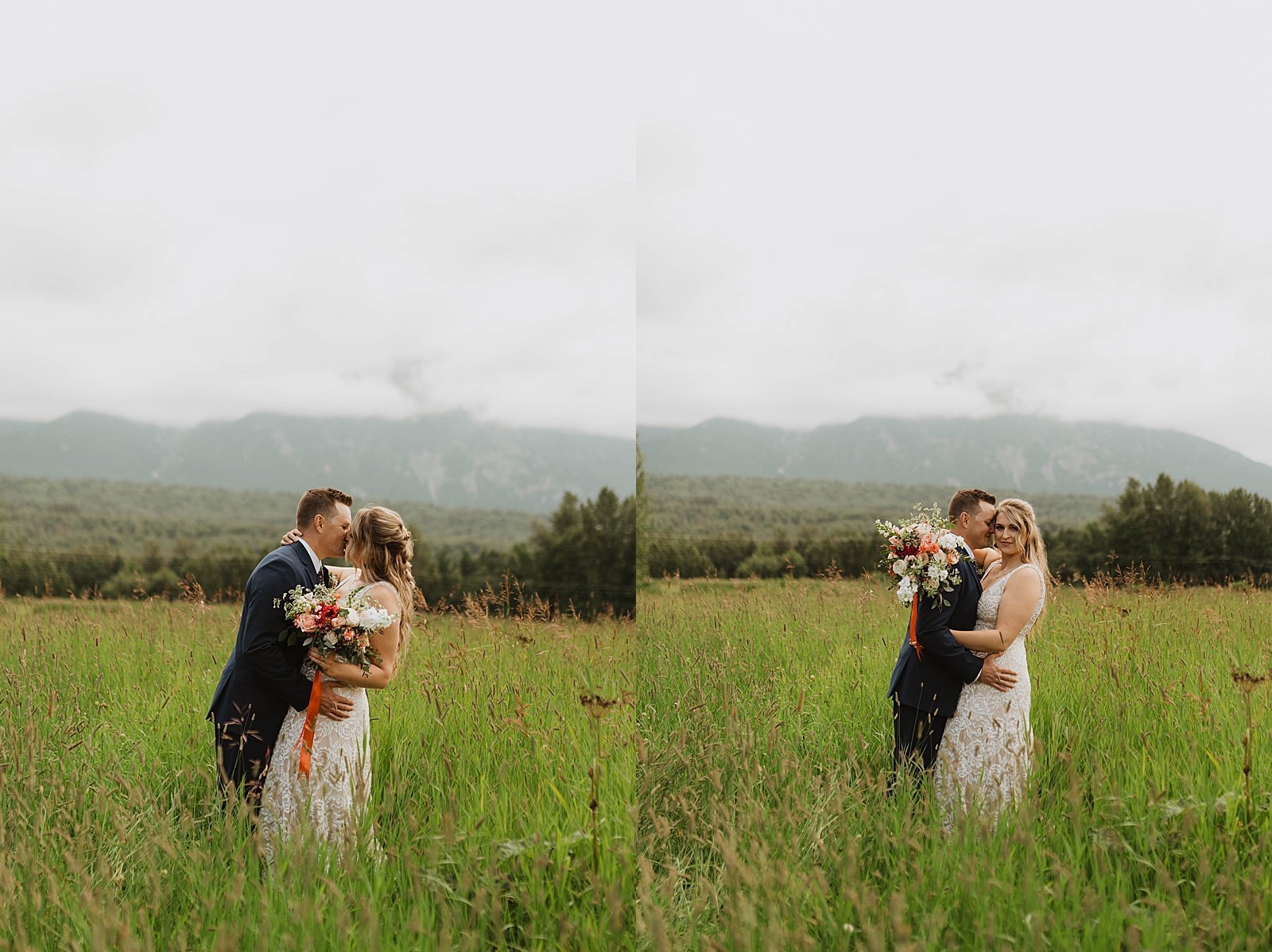  Bride and groom laughing and kissing in a field after their private 10 year vow renewal.  