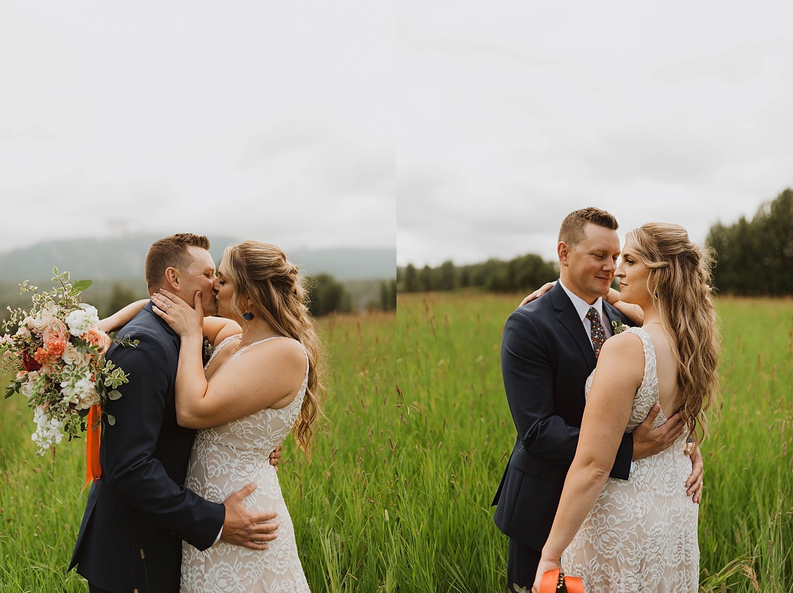 Bride and groom kissing in a field with the Alaska mountains in the background.  