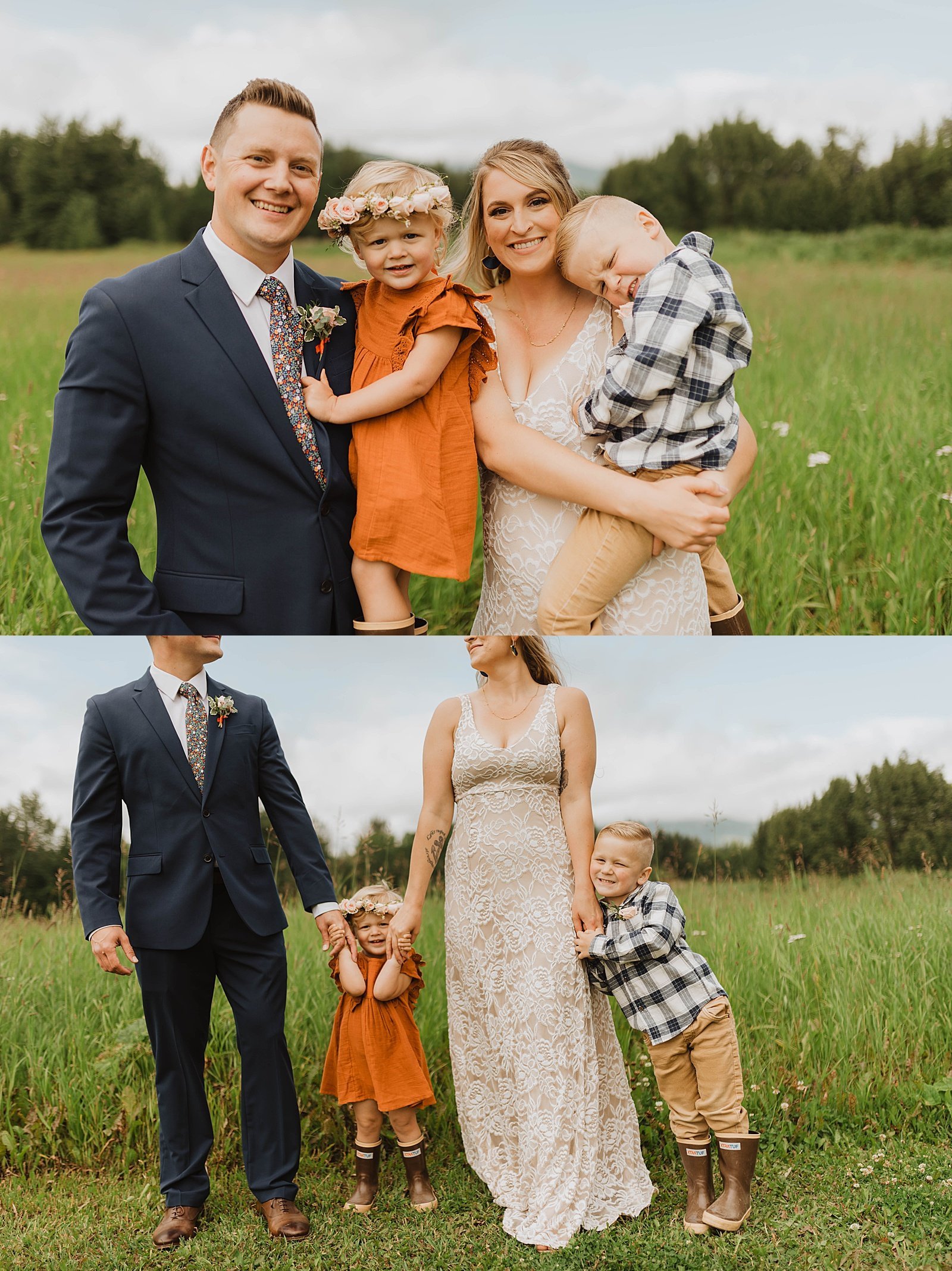  Bride and groom holding their children in a field in Alaska.  