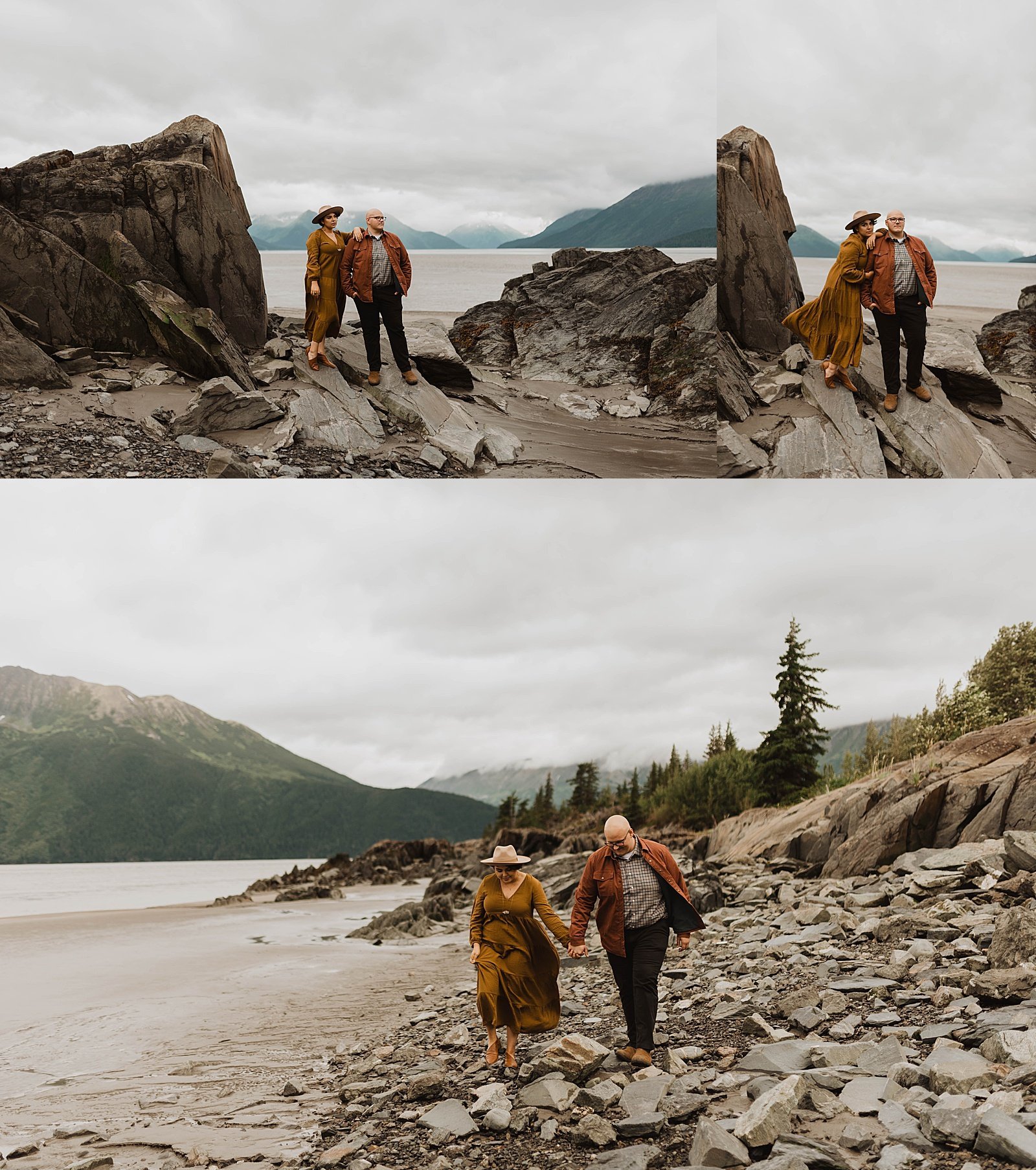  Couple walking along rocky beach in Alaska for their romantic anniversary session.  