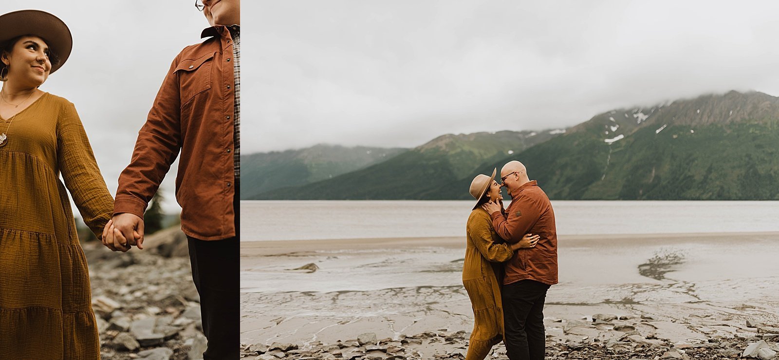  Couple wearing rust colors hugging together close for shoot with Alaska wedding photographer, Theresa McDonald.  