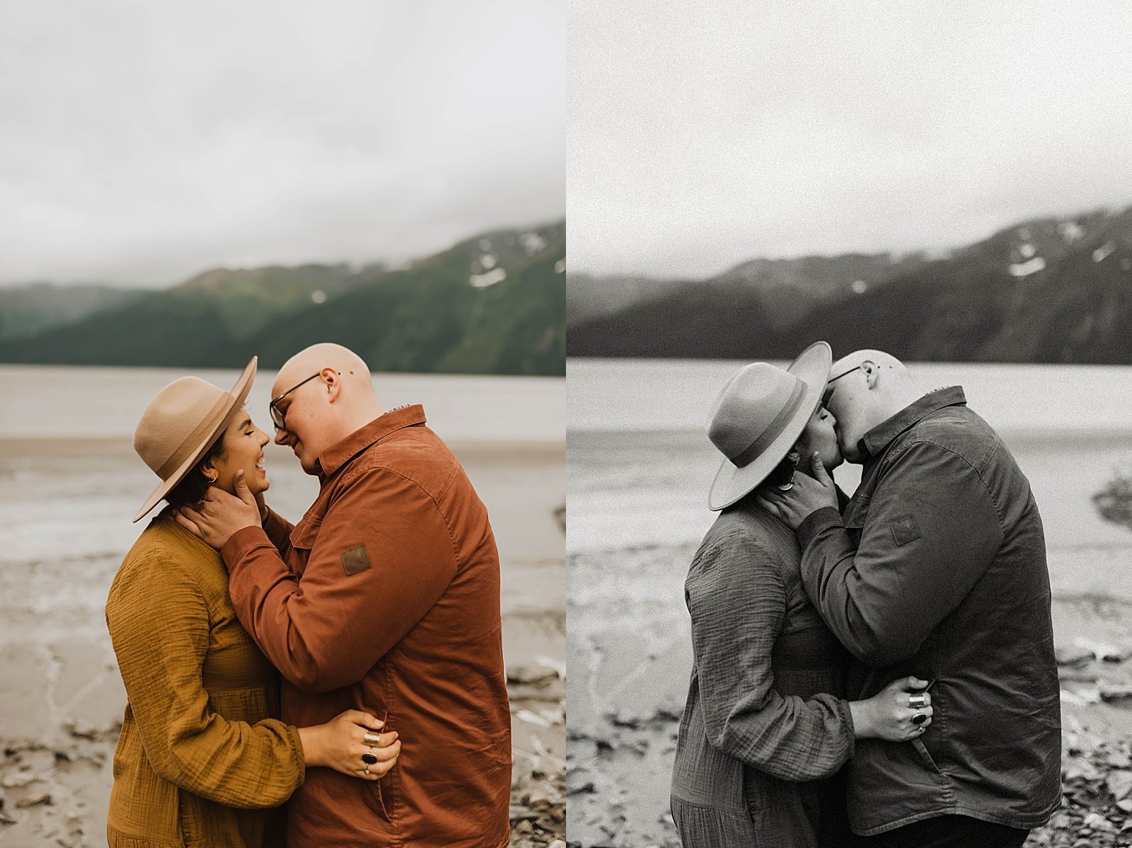  Man kissing his wife with mountains in the background for photo shoot after cancer remission. 