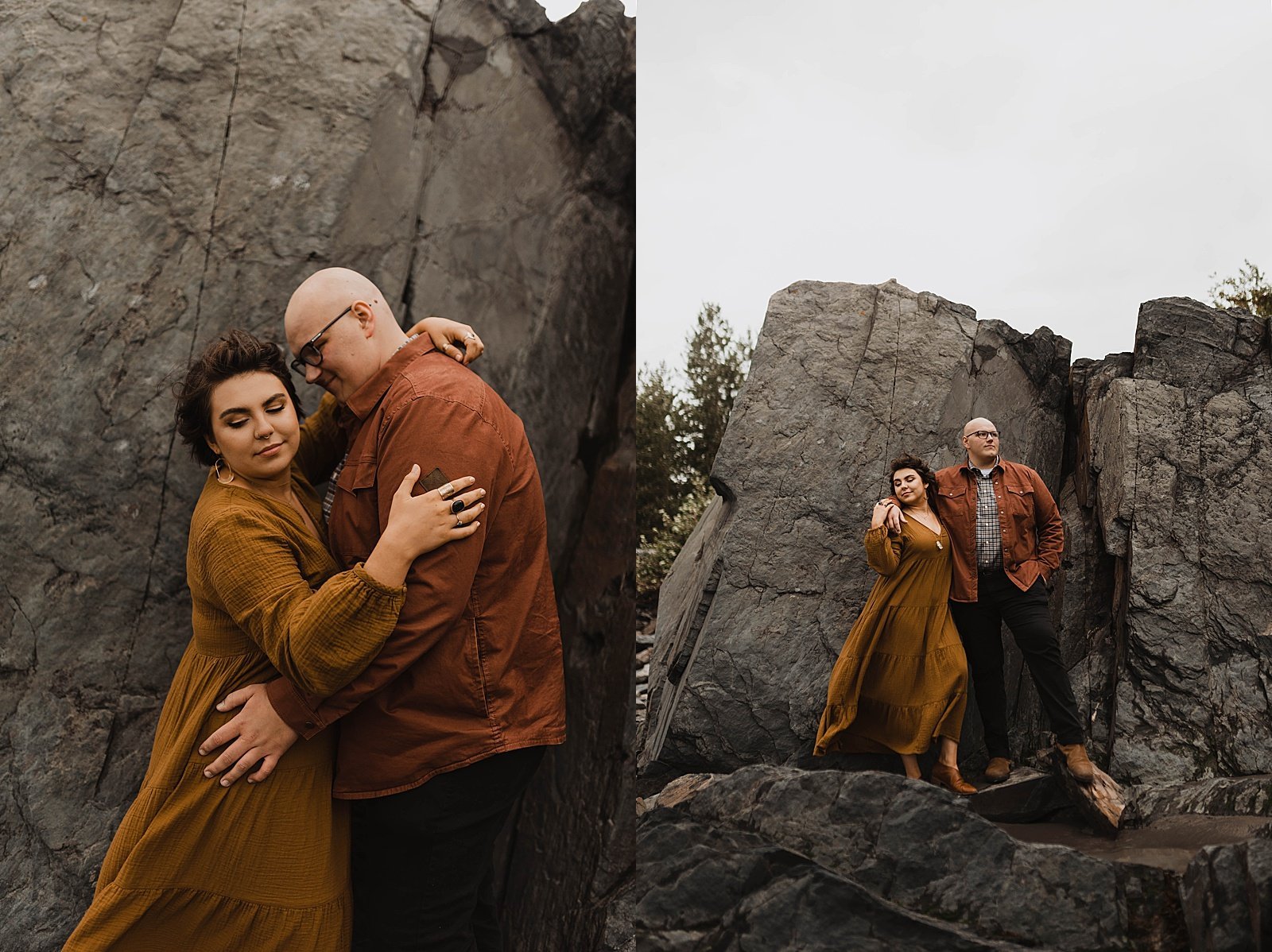  Couple in rust colored clothes in front of a large rock in Alaska for romantic anniversary session 