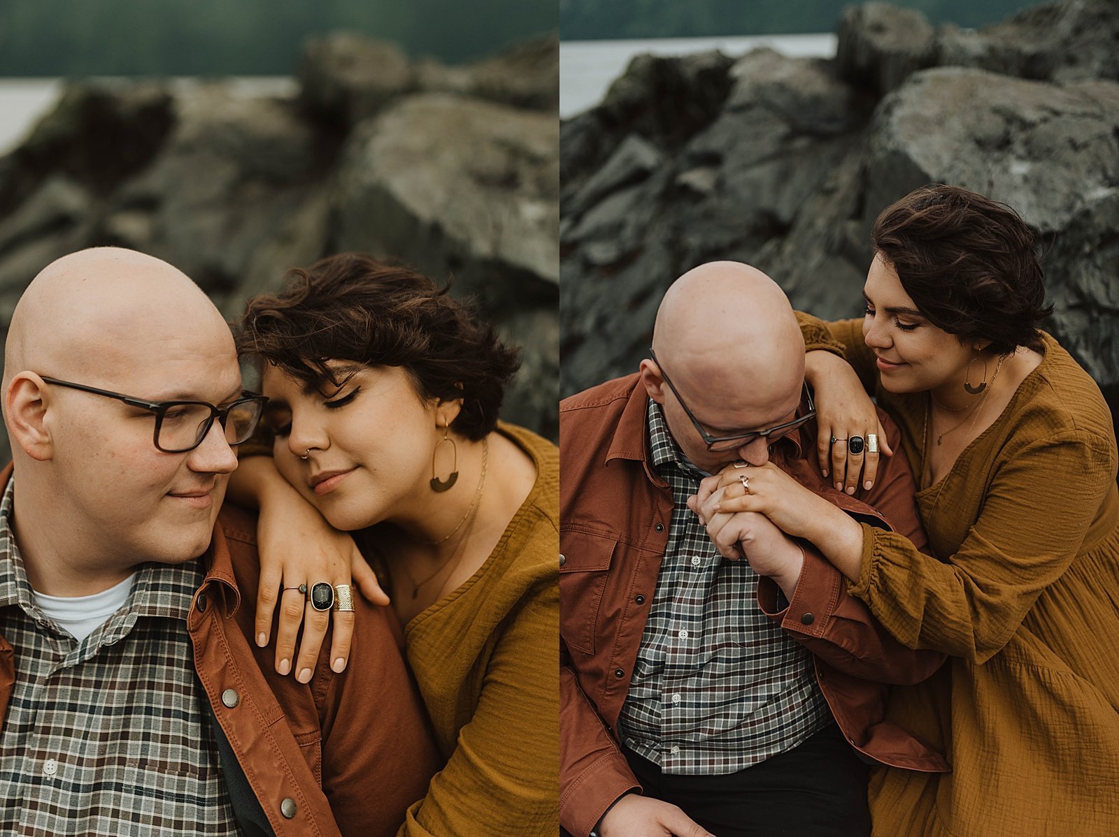  Man grabbing woman’s hand and kissing it closely at photo shoot after cancer remission.  